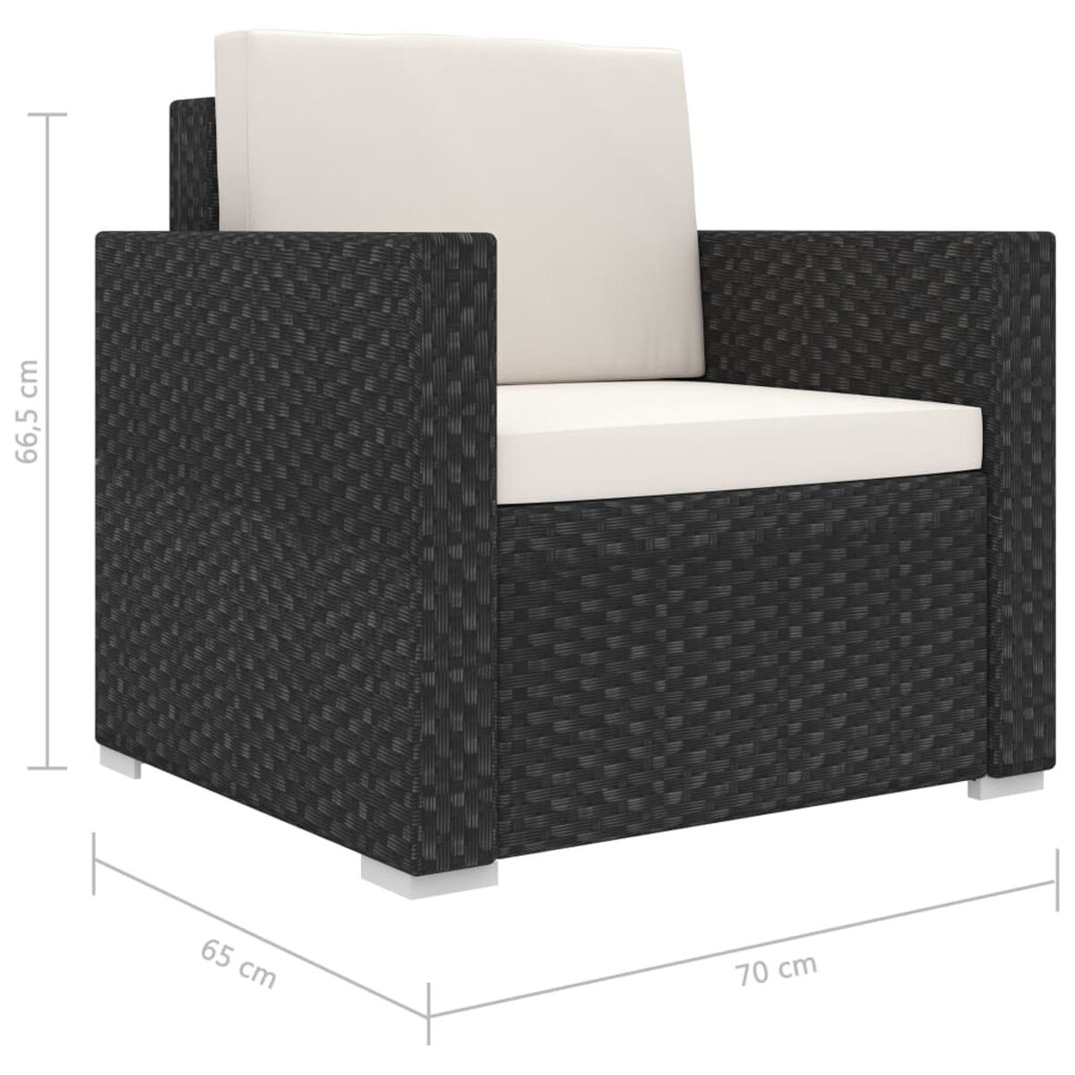 Sedia da esterno nera. Dimensioni: 65 cm larghezza, 70 cm profondità e 66,5 cm altezza.