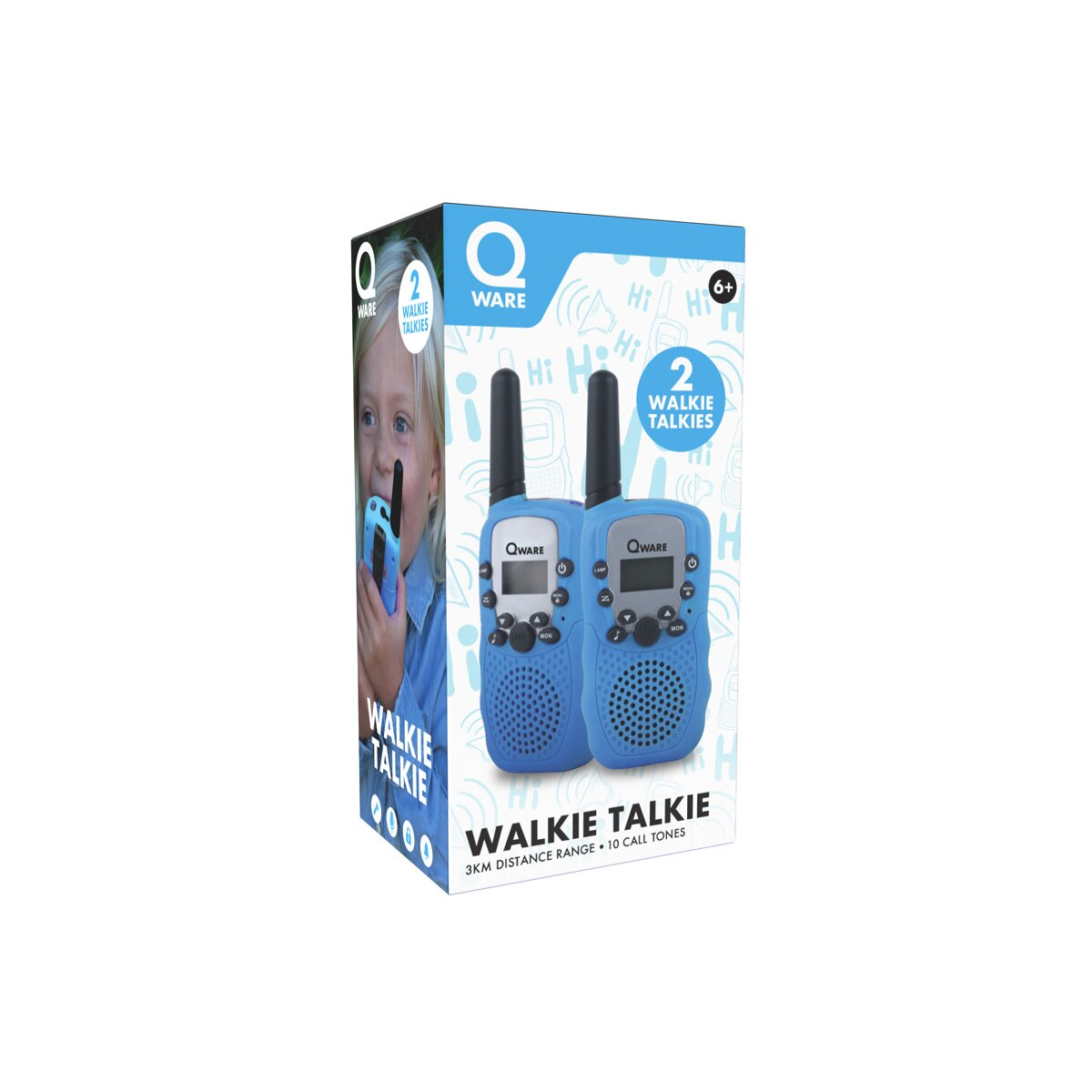 Schachtel mit zwei blauen Walkie-Talkies. Ein Kind hält eins links.