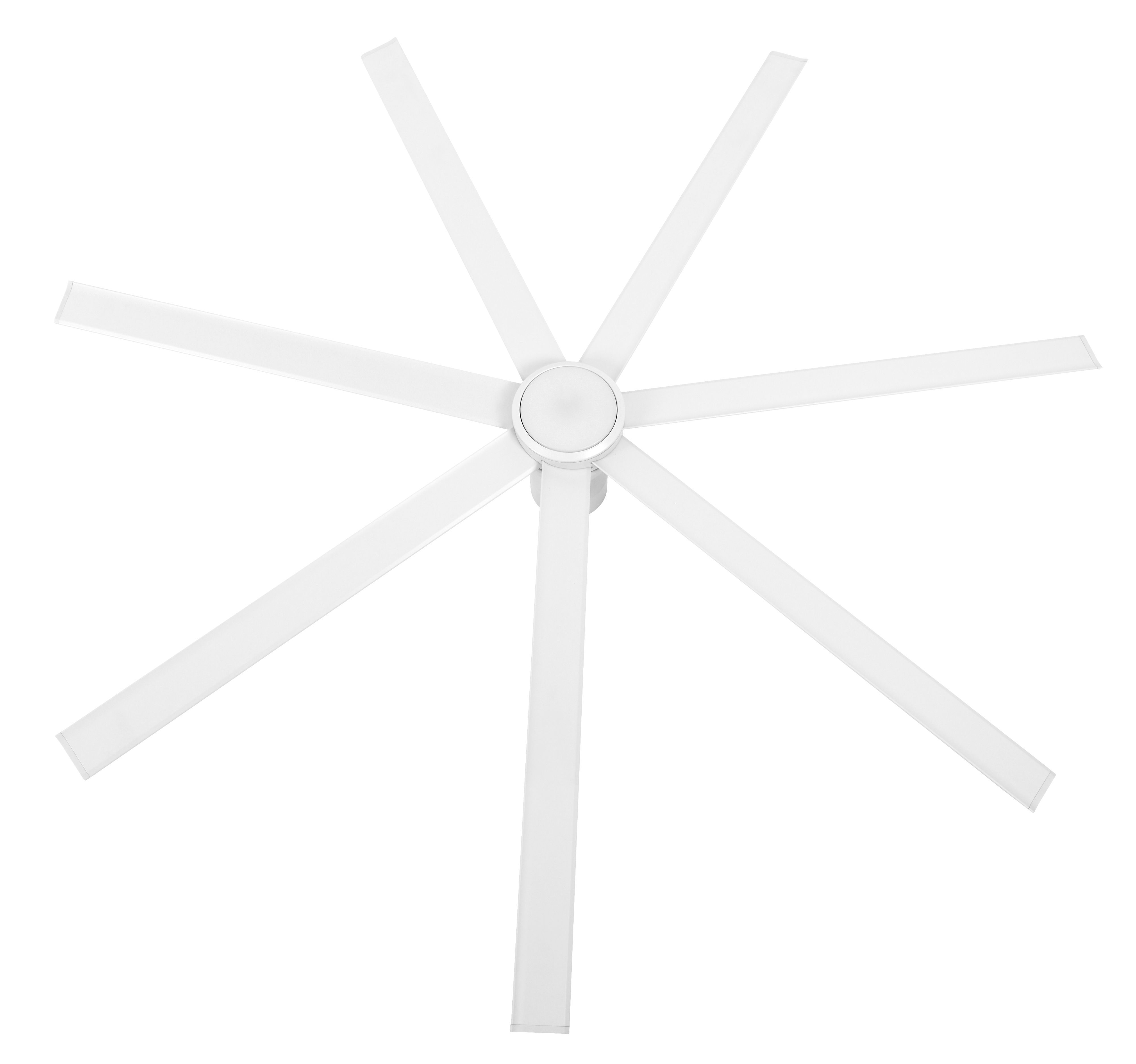 Weißer Deckenventilator mit sieben Flügeln, von unten gesehen, vor weißem Hintergrund.