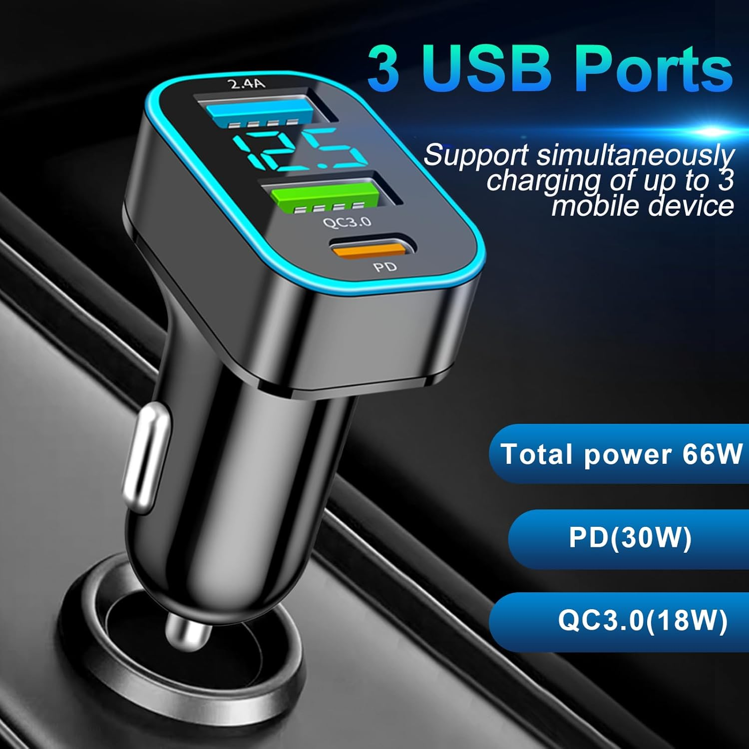 Schwarzes Autoladegerät mit 3 USB-Anschlüssen. Zeigt Spannungs- und Leistungsausgabedetails.