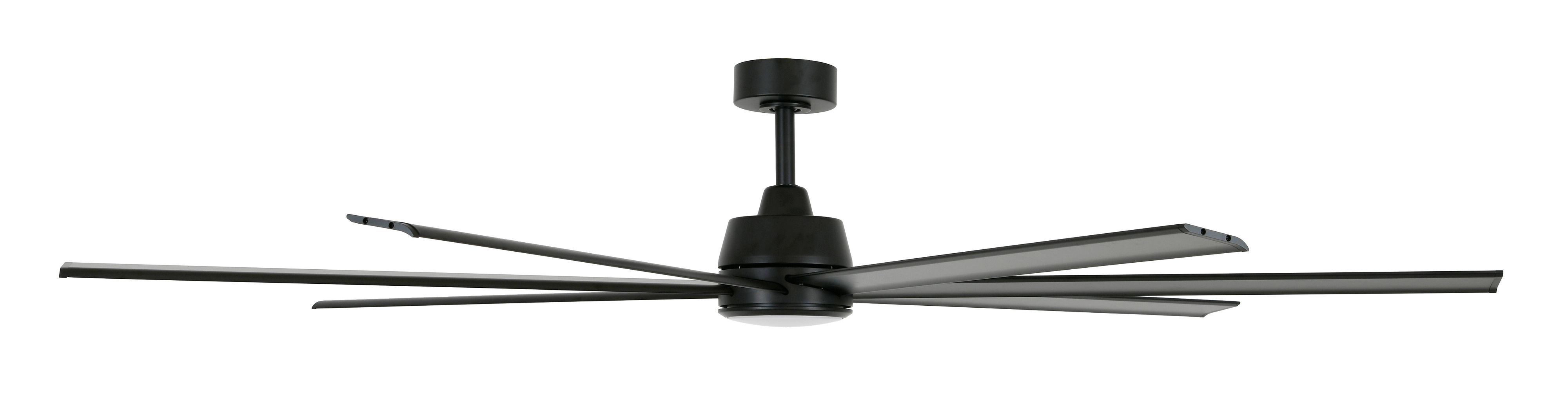 Ein schwarzer Deckenventilator mit sechs nach außen gerichteten Flügeln, auf weißem Hintergrund.