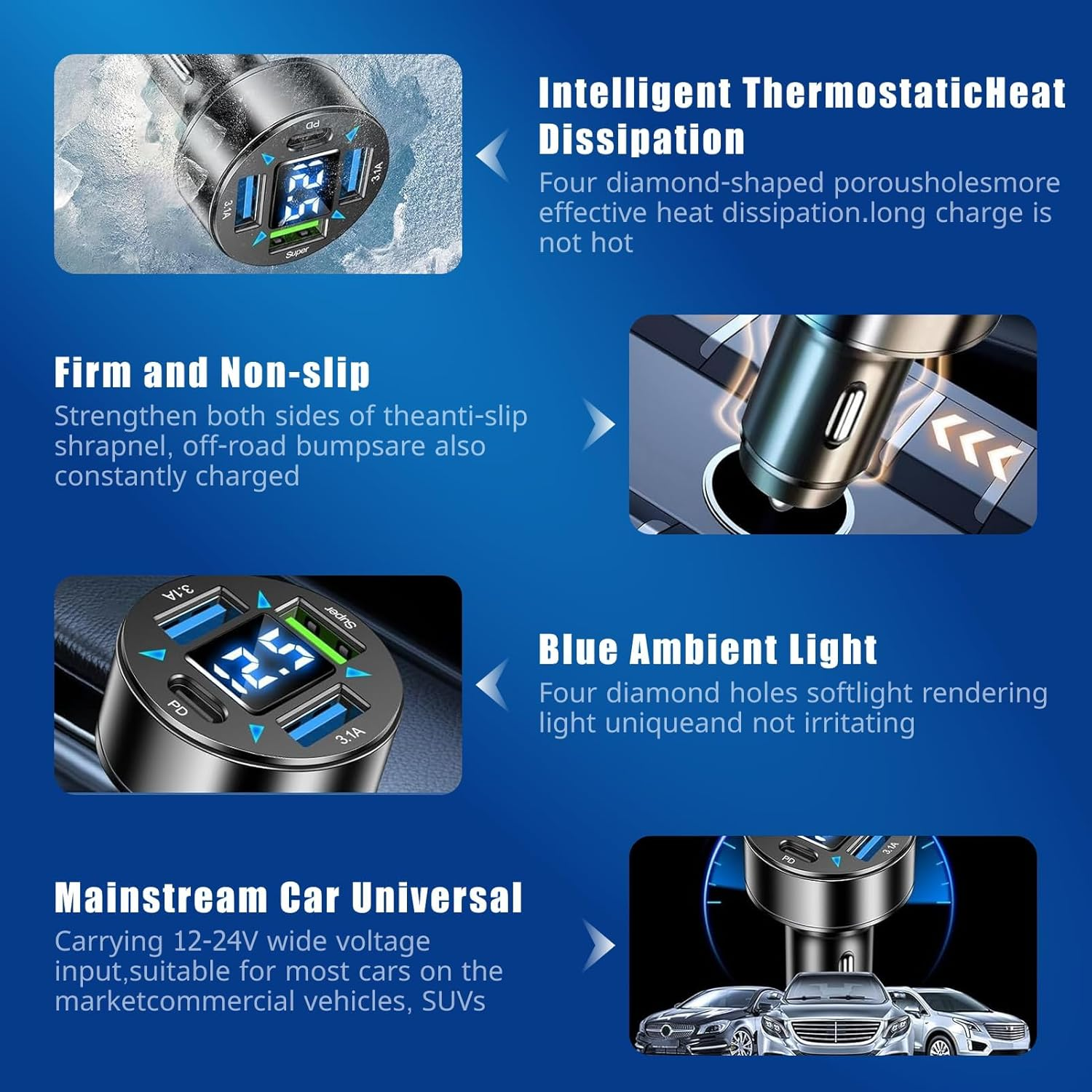 Nahaufnahme eines Autoladegeräts mit 4 USB-Anschlüssen. Es hat ein blaues LED-Display und eine silberne Spitze. Details aufgelistet.
