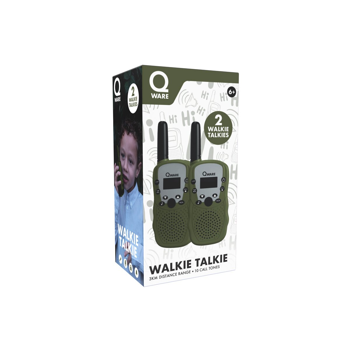 Eine Schachtel mit zwei grünen Walkie-Talkies mit dem Text "WALKIE TALKIE" und "2 WALKIE TALKIES".