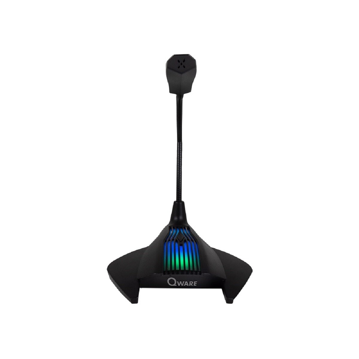 Ein schwarzes Qware-Mikrofon. Es hat einen flexiblen Arm und eine breite Basis mit farbigen Lichtern.