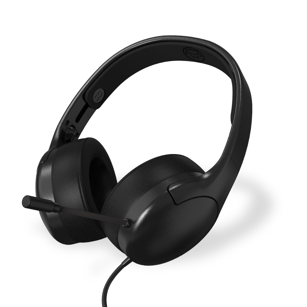 Schwarze Kopfhörer mit Mikrofon. Die Kopfhörer sind Over-Ear, mit einem Kabel verbunden. Der Hintergrund ist weiß.