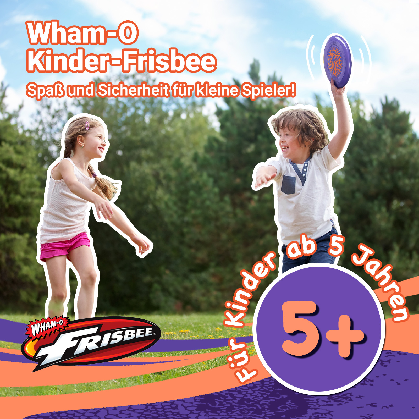 Kinder spielen mit einer Frisbee. Text sagt Wham-O Frisbee, und ein 5+ Altersschild.