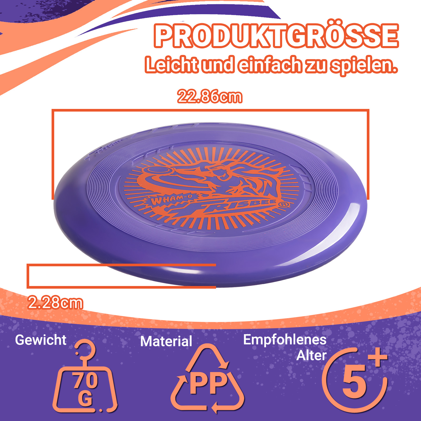 Lila Frisbee mit Maßen und Text. Text enthält 'Wham-O Frisbee' und PP-Material.