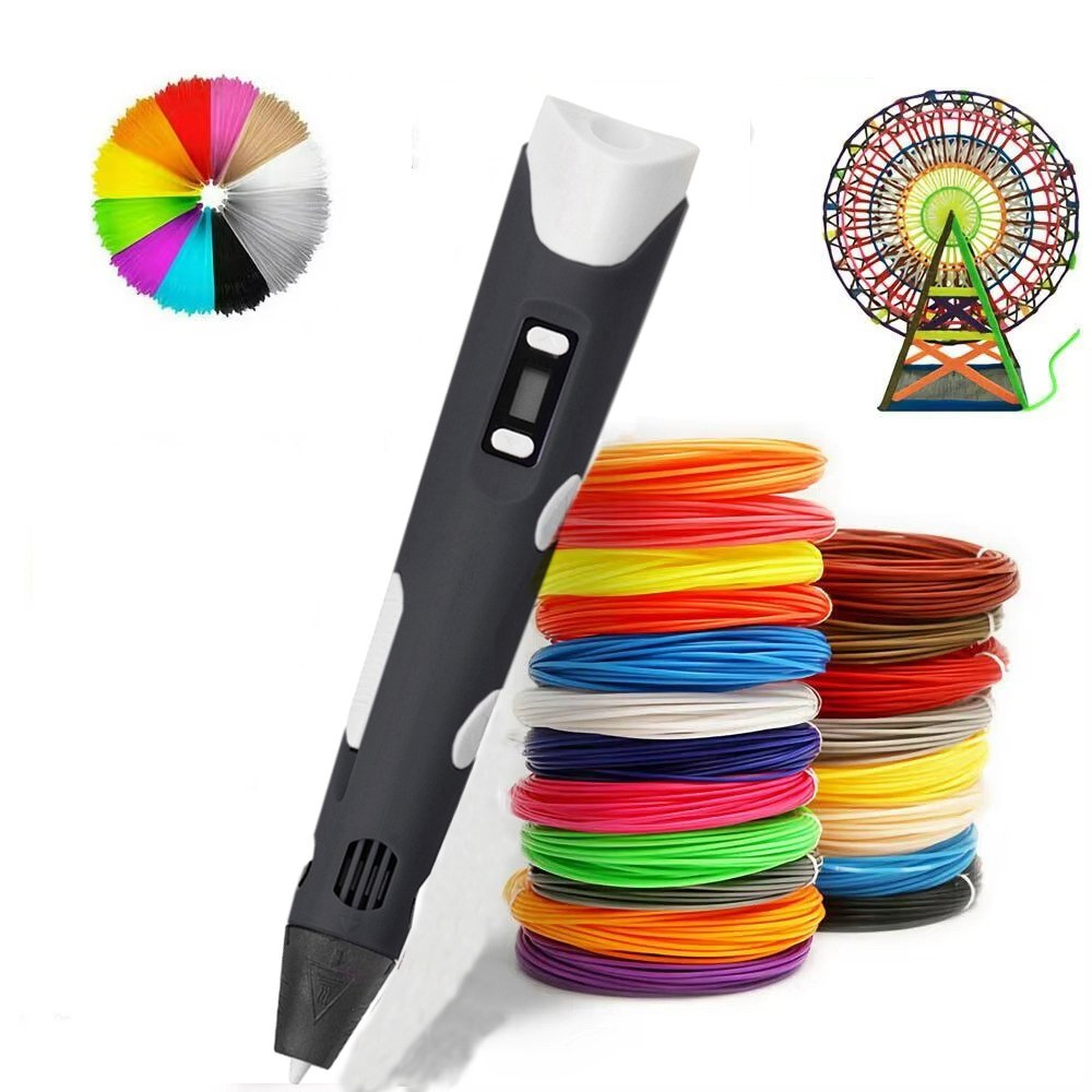 Una penna 3D, una ruota arcobaleno e una pila di filamenti colorati.