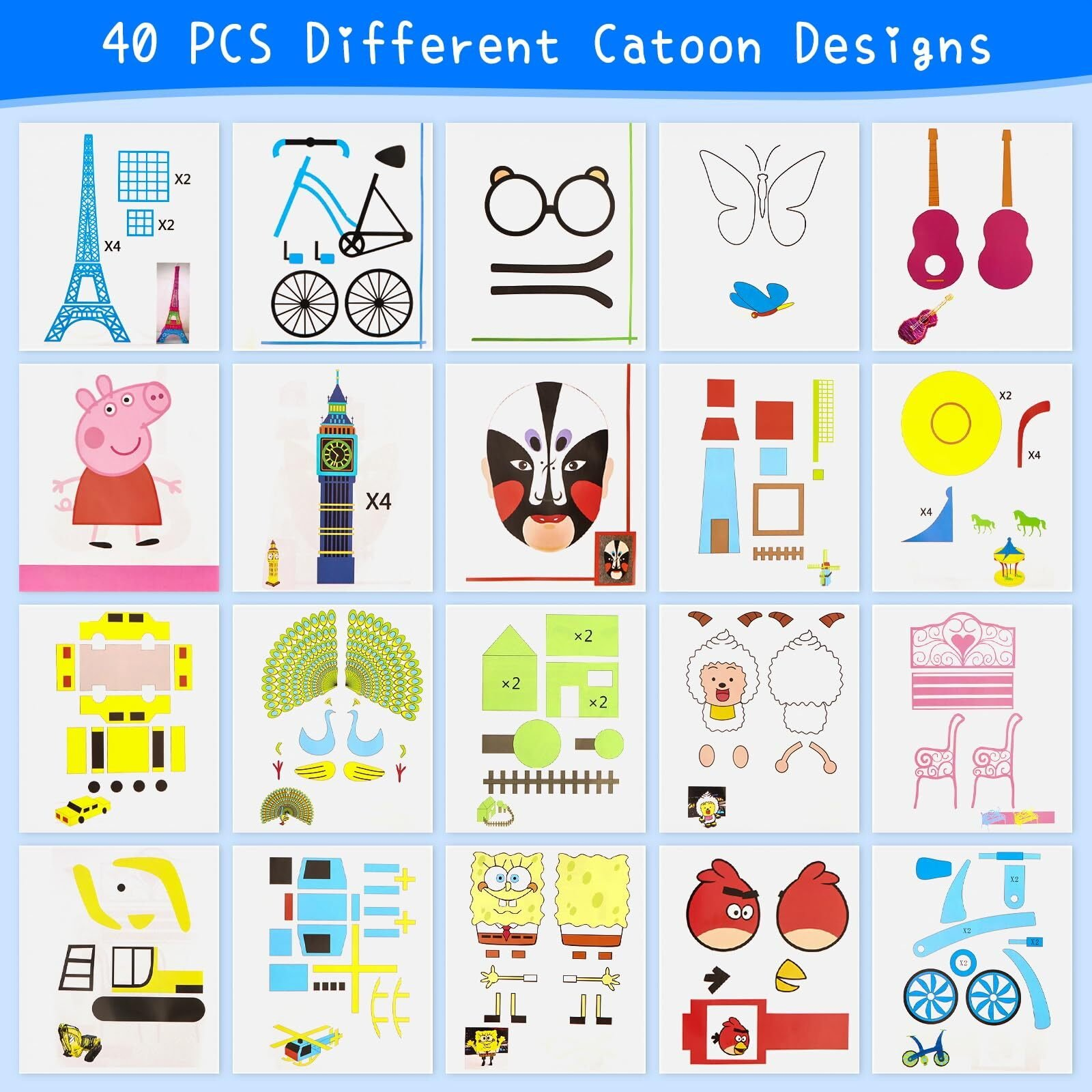 Un collage de 40 diseños de dibujos animados diferentes, incluyendo animales, edificios y objetos.