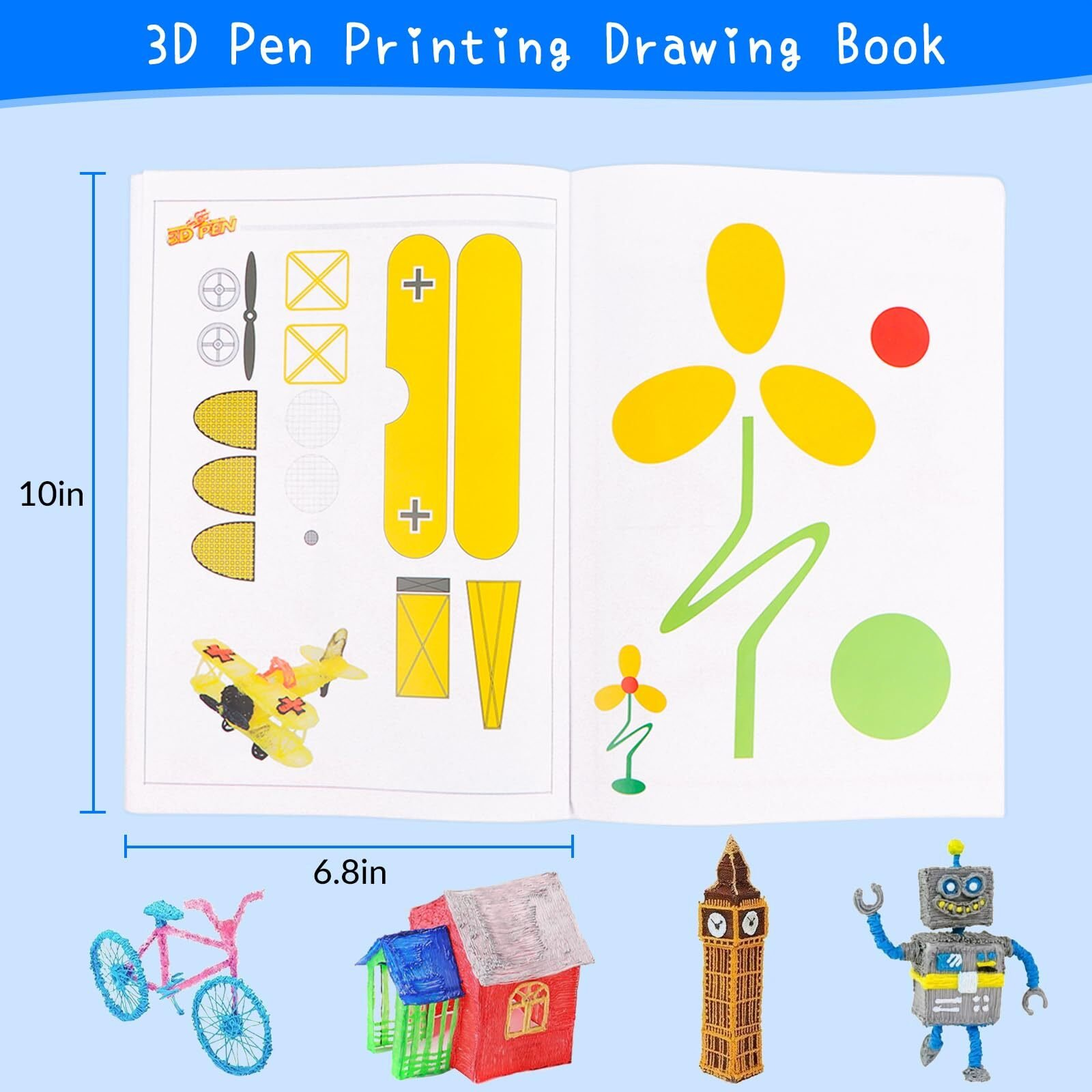 Libro abierto con diseños de bolígrafo 3D: un avión, una flor, un robot, una casa y una bicicleta.