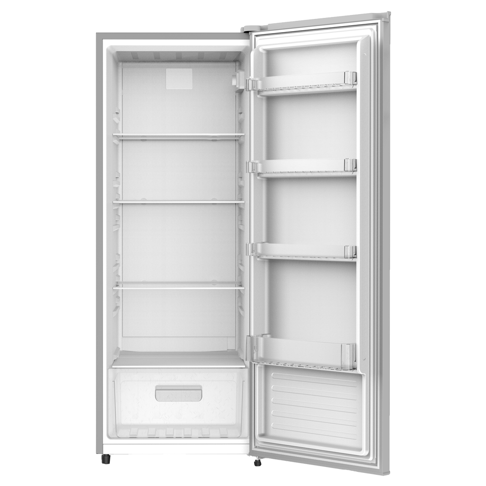 Un refrigerador blanco con la puerta abierta, mostrando estantes y un cajón.