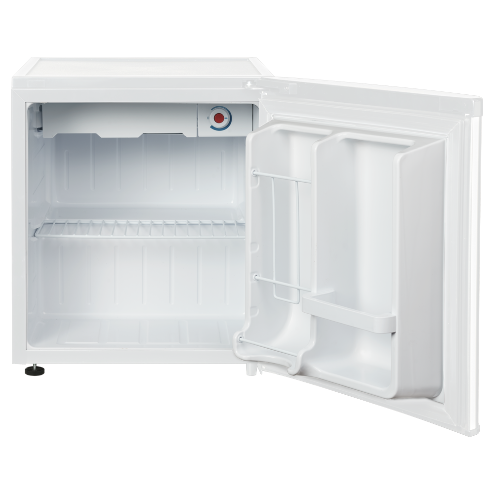 Pequeño frigorífico blanco, puerta abierta, estantes y componentes internos.