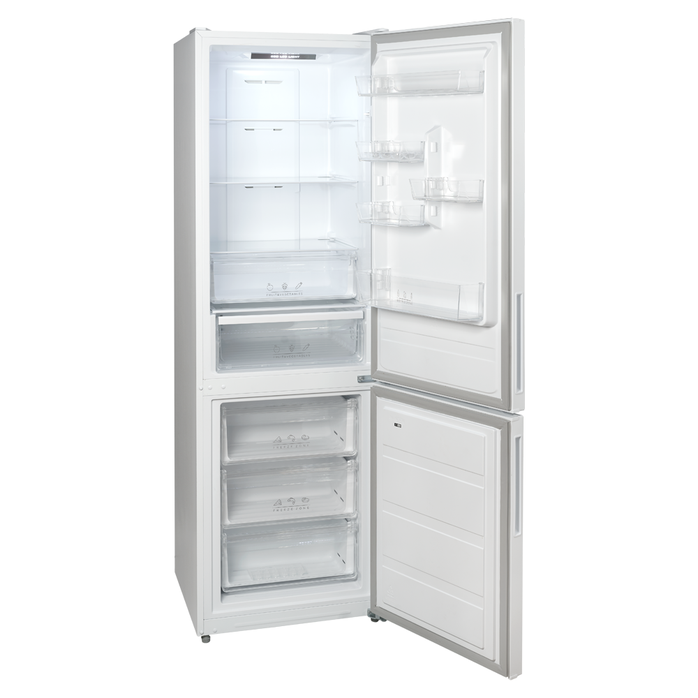 Interior de refrigerador abierto con estantes, cajones e iluminación LED. La puerta está abierta.