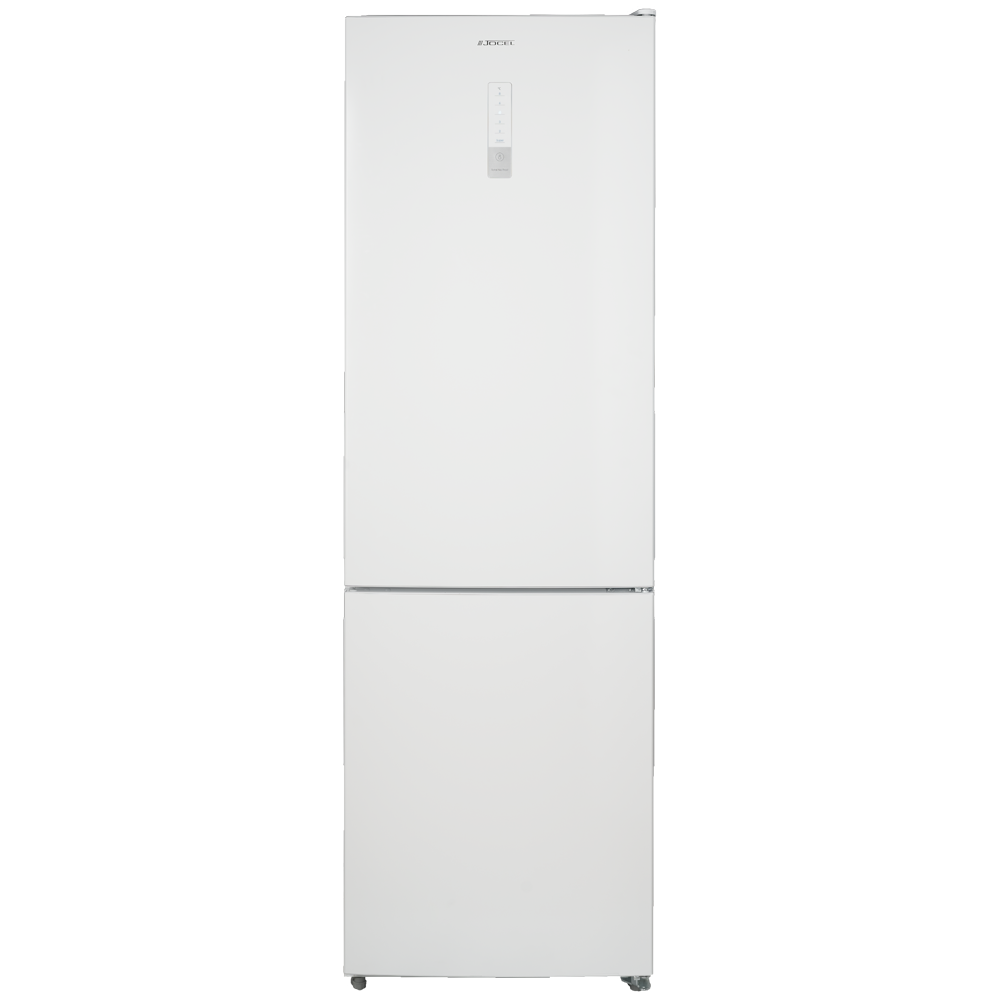 Refrigerador blanco con congelador abajo y pantalla en la puerta.
