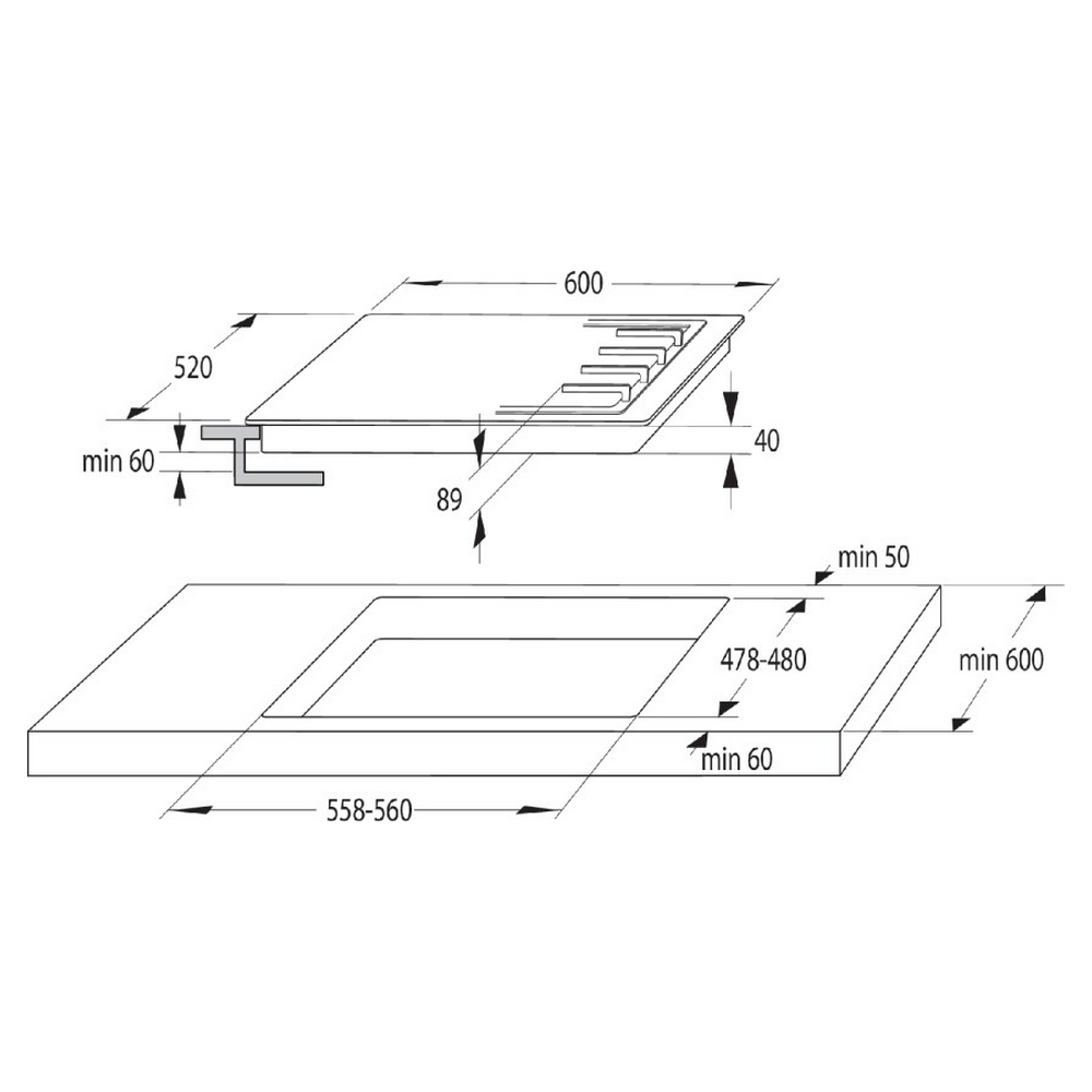 Ilustracja z wymiarami płyty grzejnej, z czarnymi oznaczeniami miar.