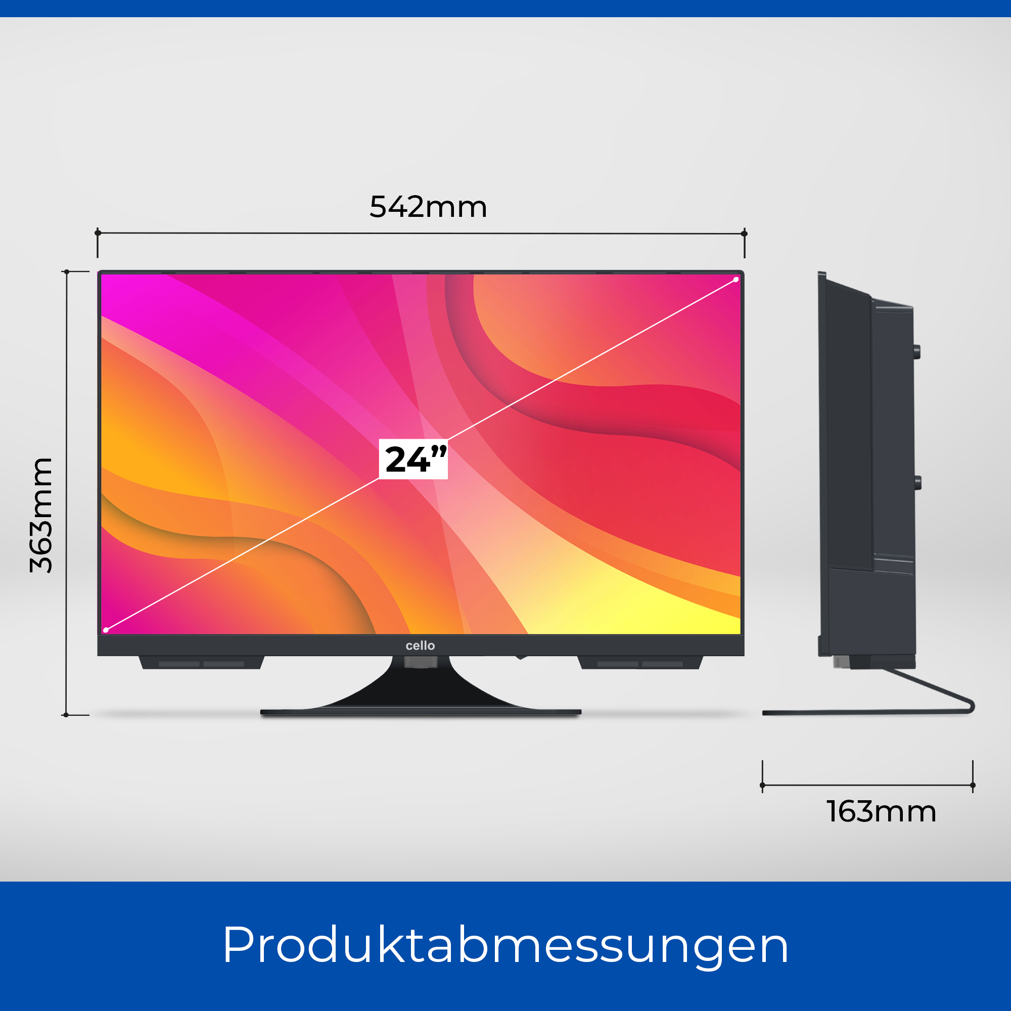 Ein Cello-Fernseher, der Abmessungen anzeigt: 24 Zoll, 542 mm breit, 363 mm hoch, und 163 mm tief.