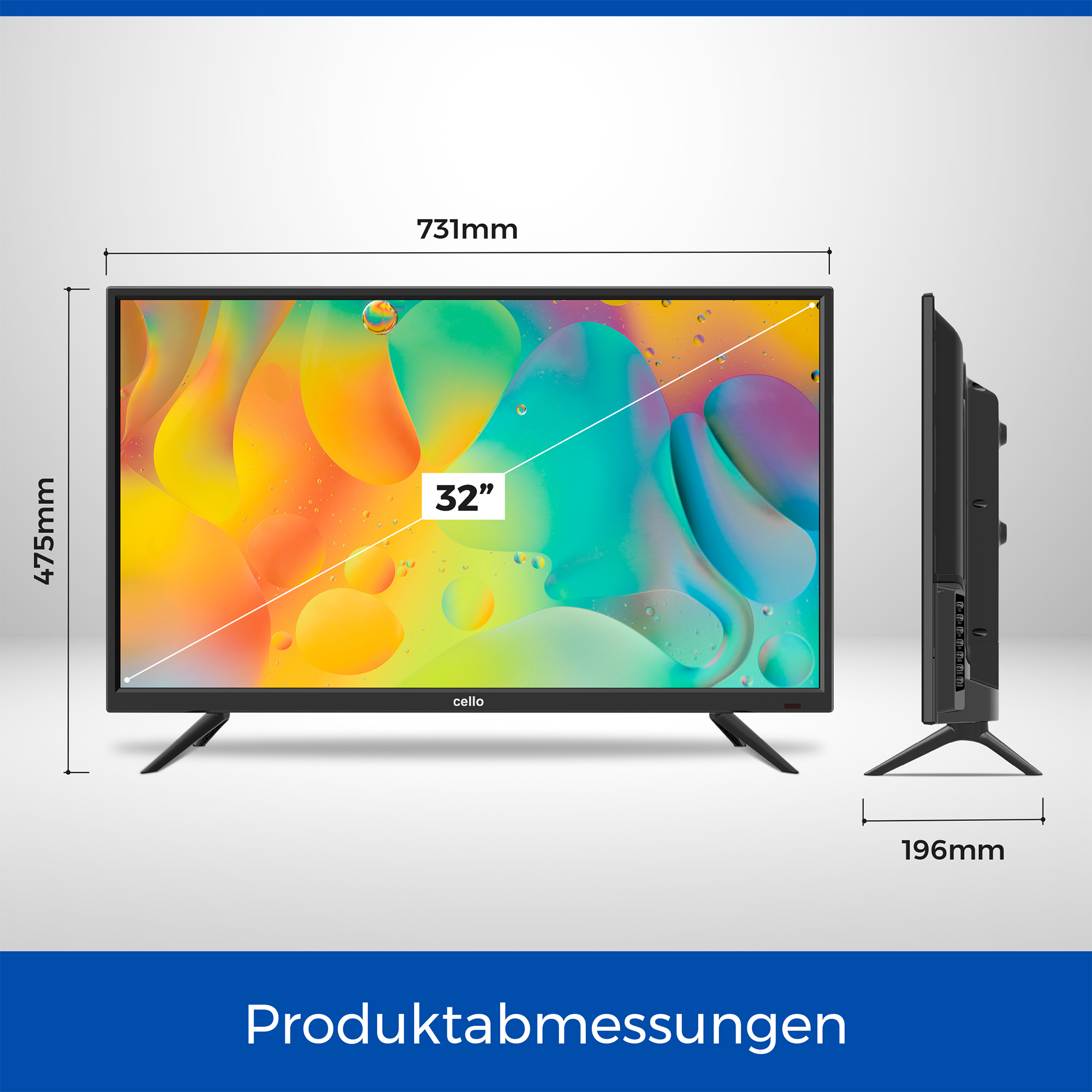 Ein Fernseher, der seine Abmessungen und sein Design zeigt, mit einem farbenfrohen abstrakten Bild.