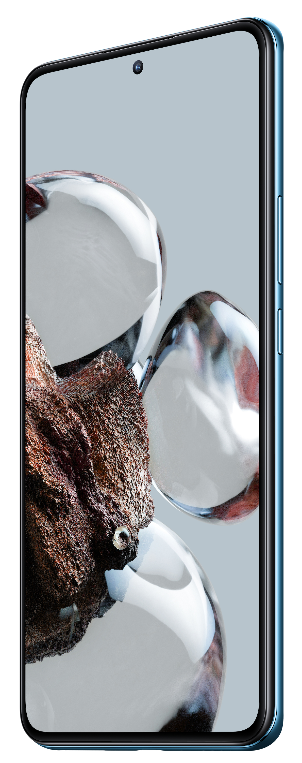 Pantalla de smartphone con arte abstracto. Marco azul. Fondo blanco. Esferas de vidrio, arte texturizado marrón.