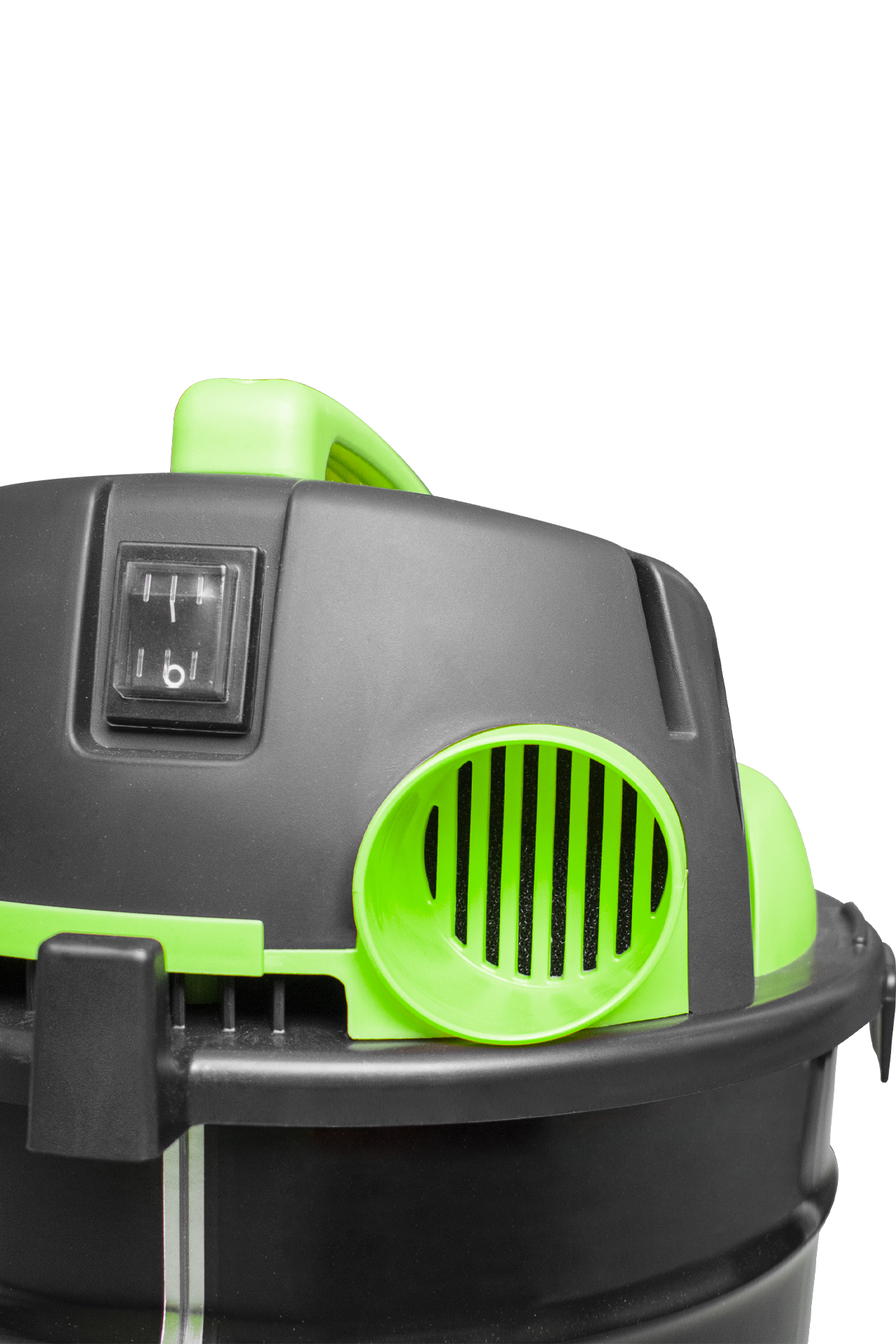 Zbliżenie czarnego i zielonego górnego panelu odkurzacza z przełącznikiem i otworem.