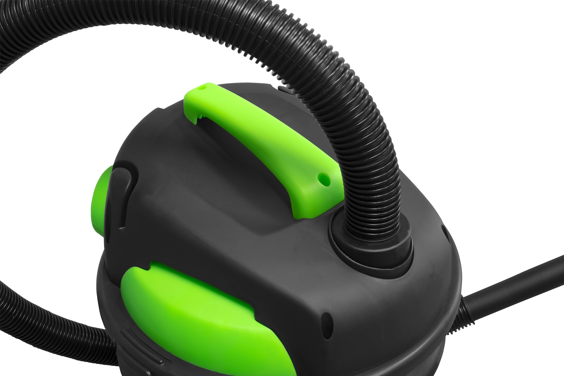 Czarny i zielony górny panel odkurzacza z uchwytem i połączeniem węża.
