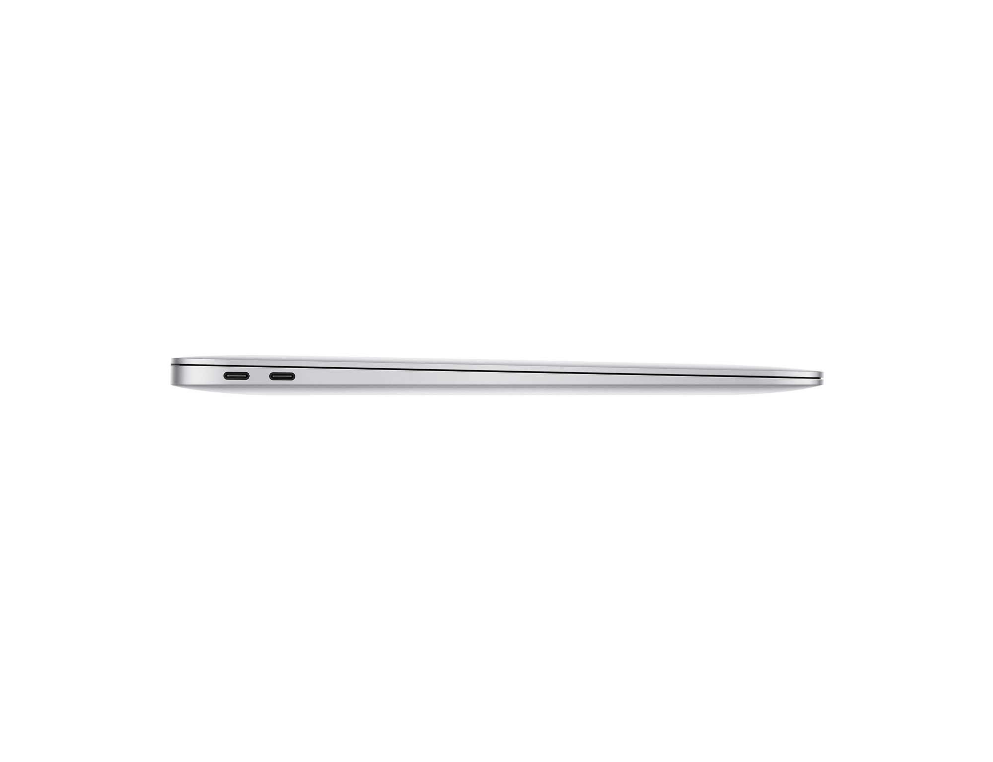 Seitenansicht eines schlanken silbernen Laptops. Zwei USB-C-Anschlüsse sind links sichtbar.