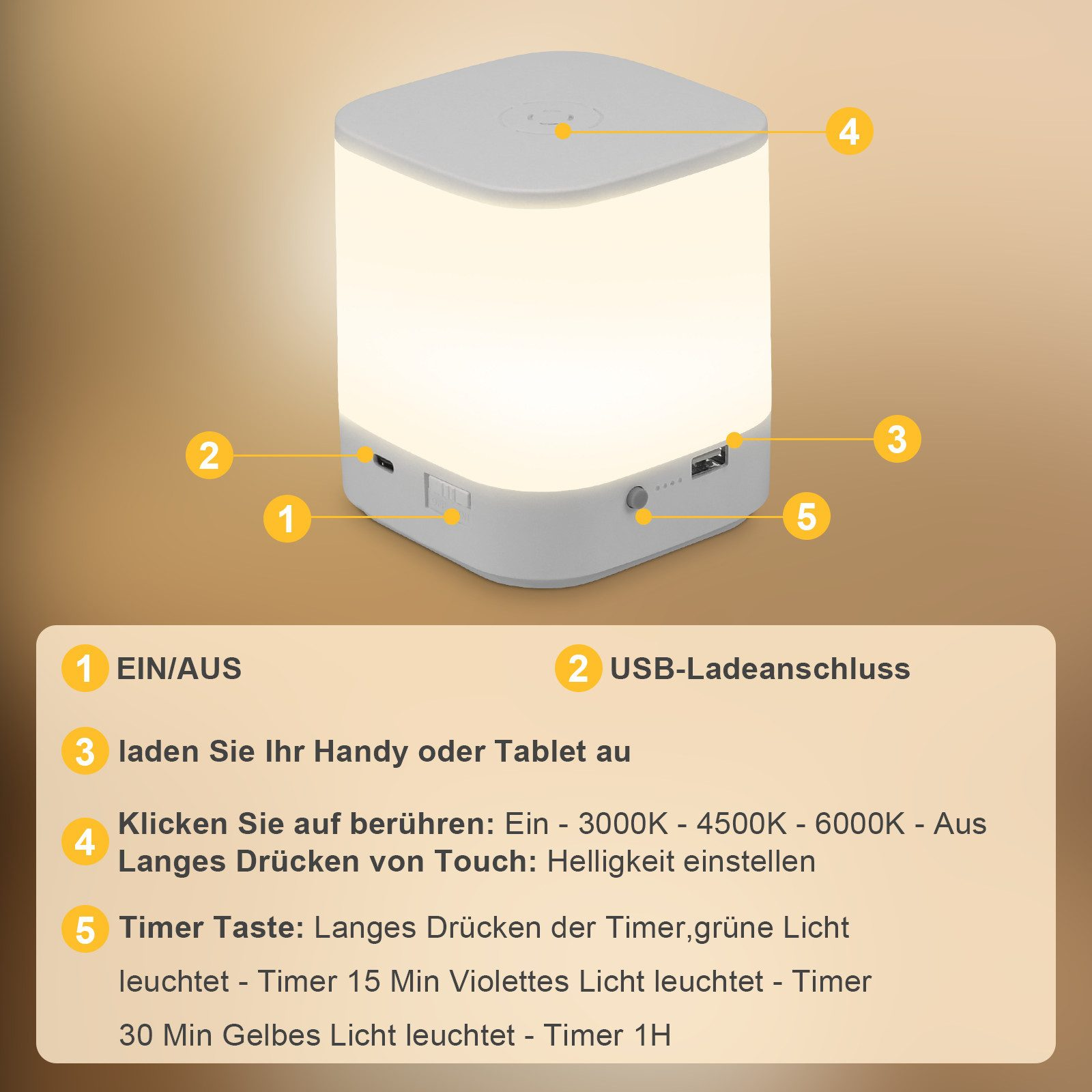 Biała lampka nocna. Tekst opisuje funkcje, w tym porty ładowania.