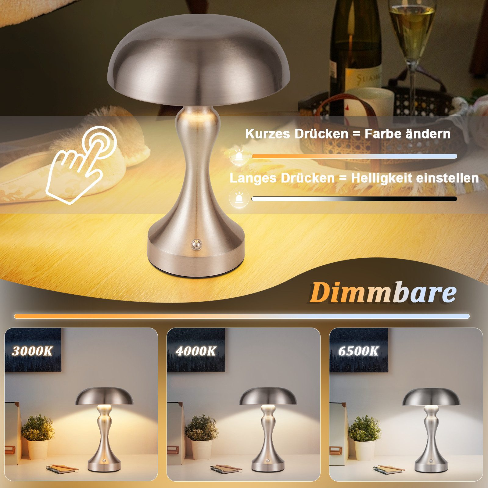 Srebrna lampka nocna z zaokrąglonym blatem. Tekst pokazuje, jak zmienić kolor i przyciemnić.