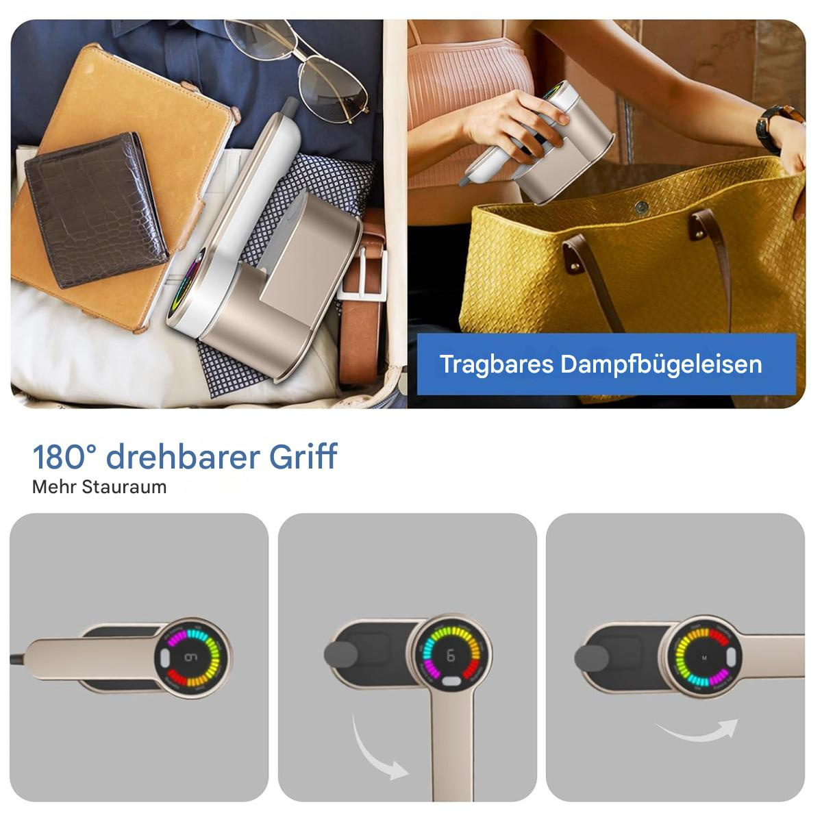 Mehrere Bilder eines goldenen Kleidungsdämpfers. Eines zeigt die Griffeinstellung.