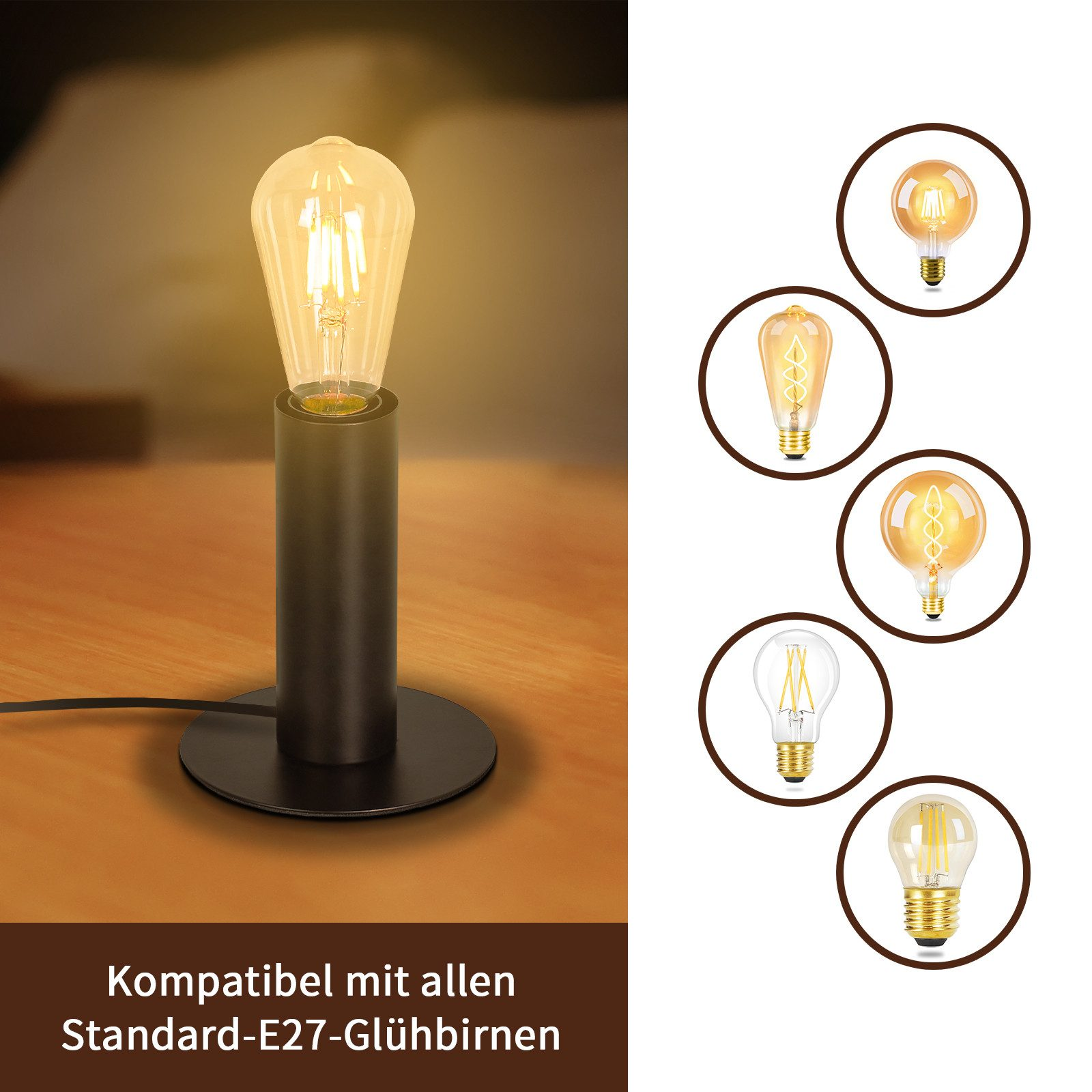 Czarna lampa z żarówką i kilkoma innymi żarówkami po prawej stronie.