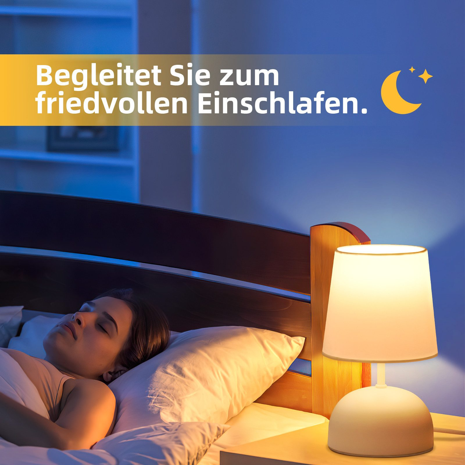 Kobieta śpi w łóżku z białą lampą na stoliku nocnym. Tekst mówi: 'Towarzyszy ci do spokojnego snu'.