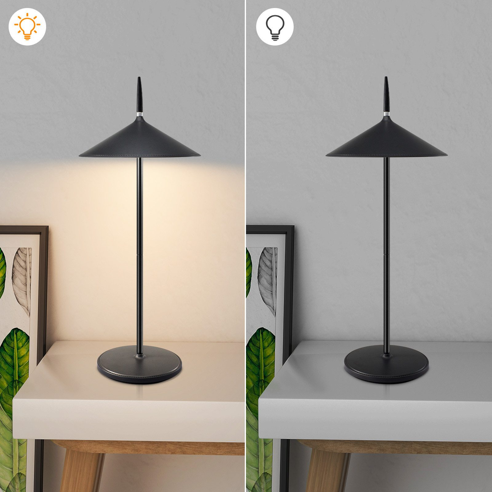 Dwie lampy. Po lewej zapalona lampa. Po prawej ta sama lampa wyłączona.