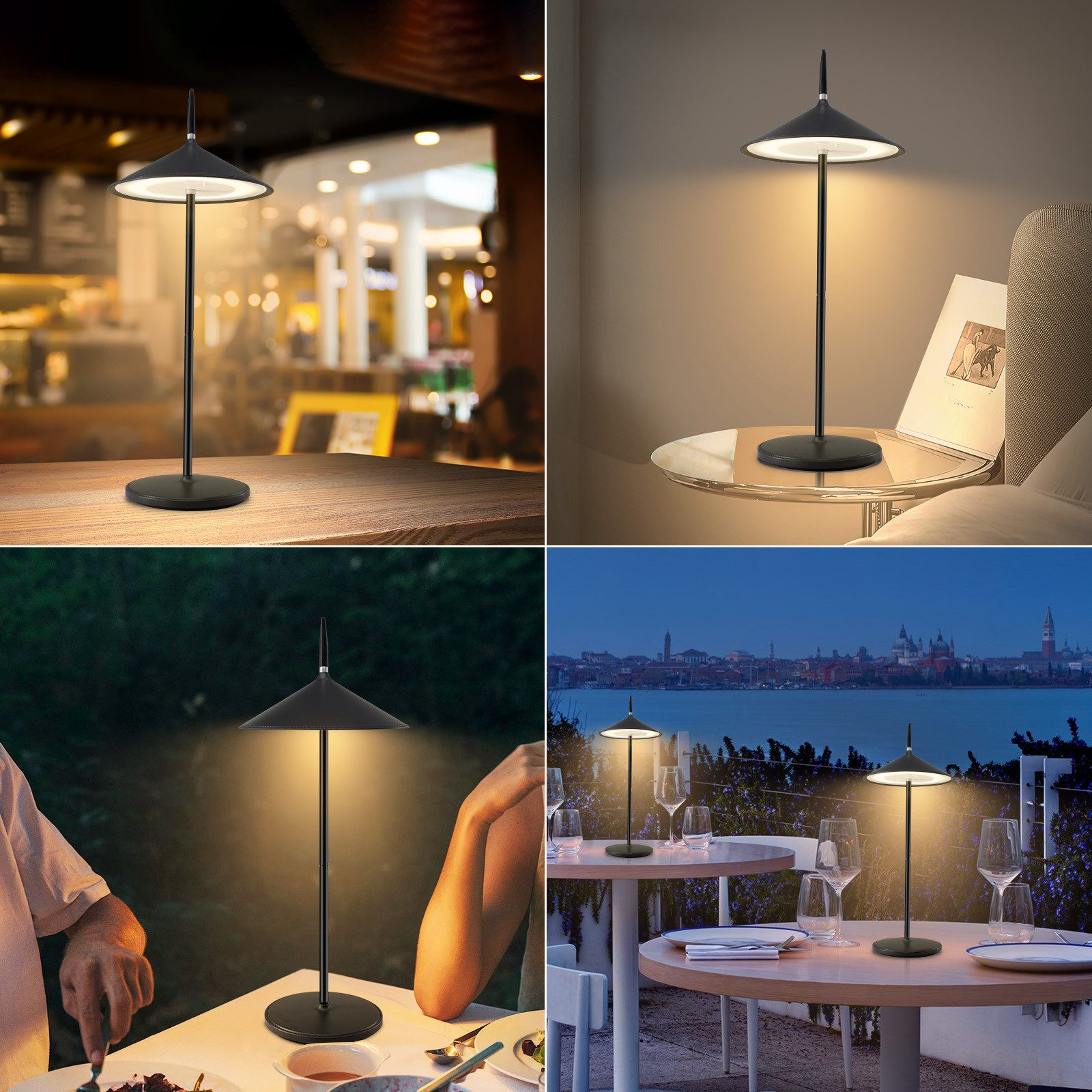 Cztery obrazy czarnej lampy stołowej. Różne ustawienia: drewniany stół, szklany stół, na zewnątrz i restauracja.