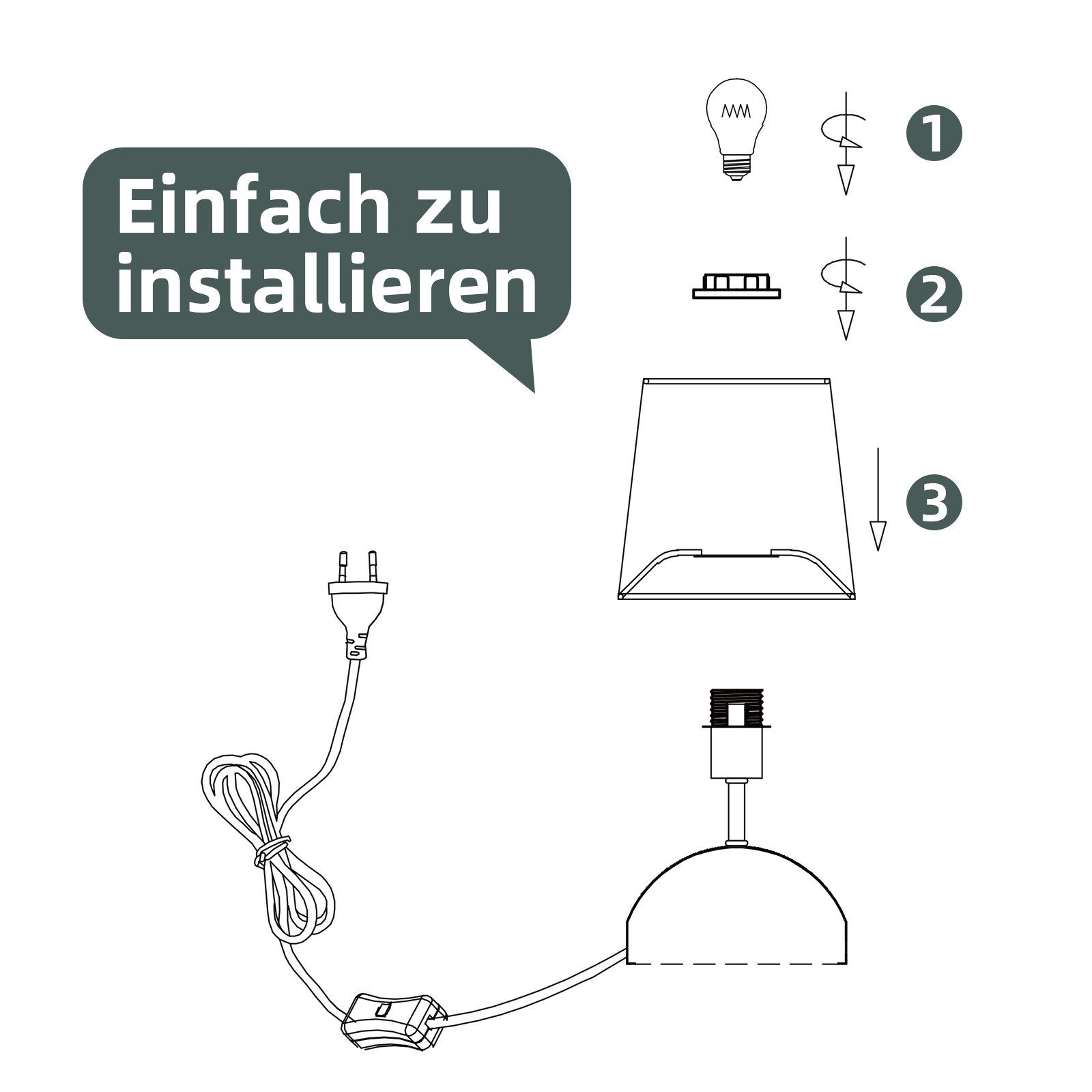 Schemat montażu lampy. Kroki pokazano za pomocą ikon i tekstu w języku niemieckim, wskazujących na łatwą instalację.