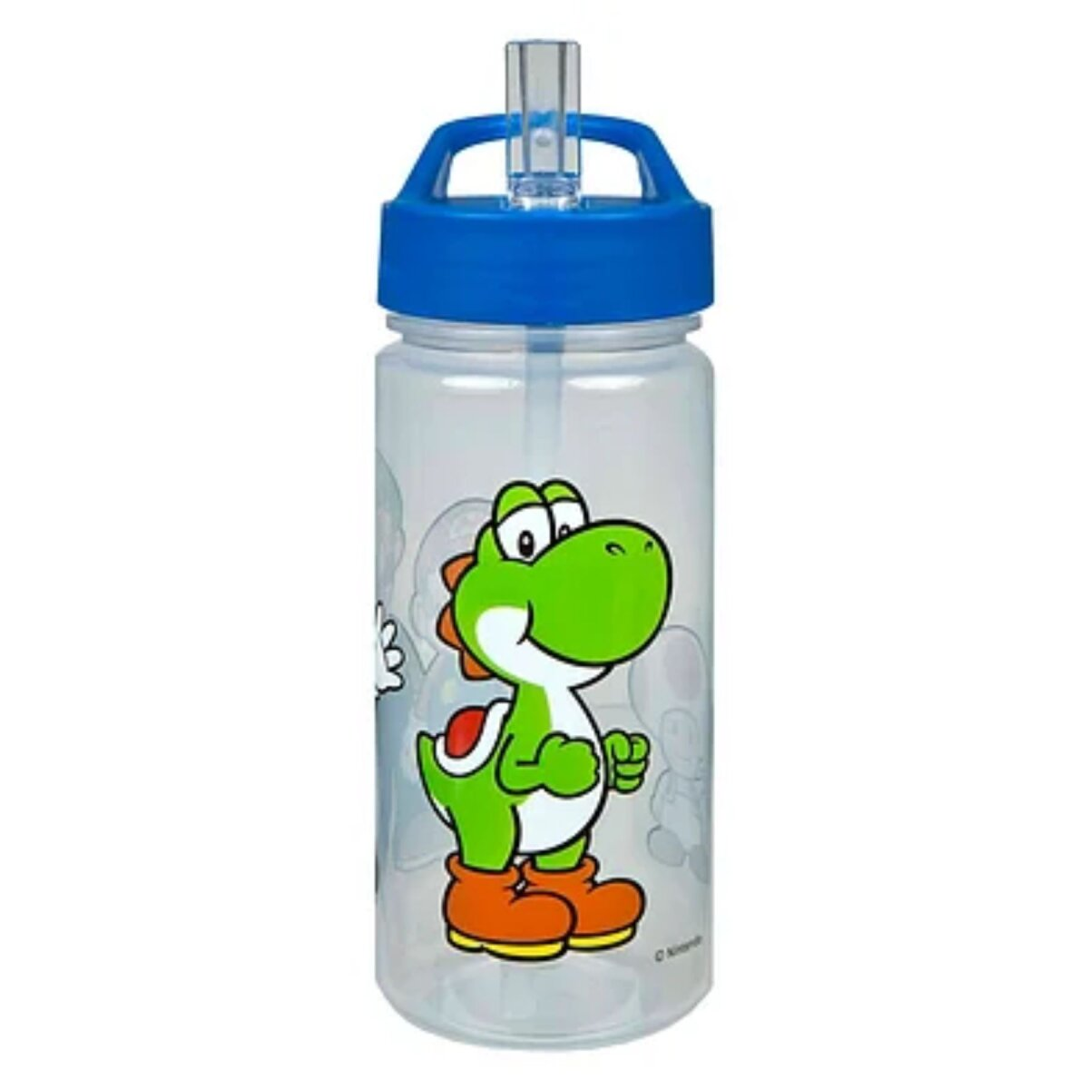 Una borraccia trasparente di Yoshi con coperchio e cannuccia blu, con grafica Yoshi.