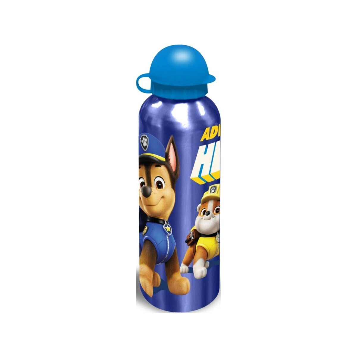 Blaue Trinkflasche mit Paw Patrol-Figuren darauf. Blaue Kappe. Weißer Hintergrund.