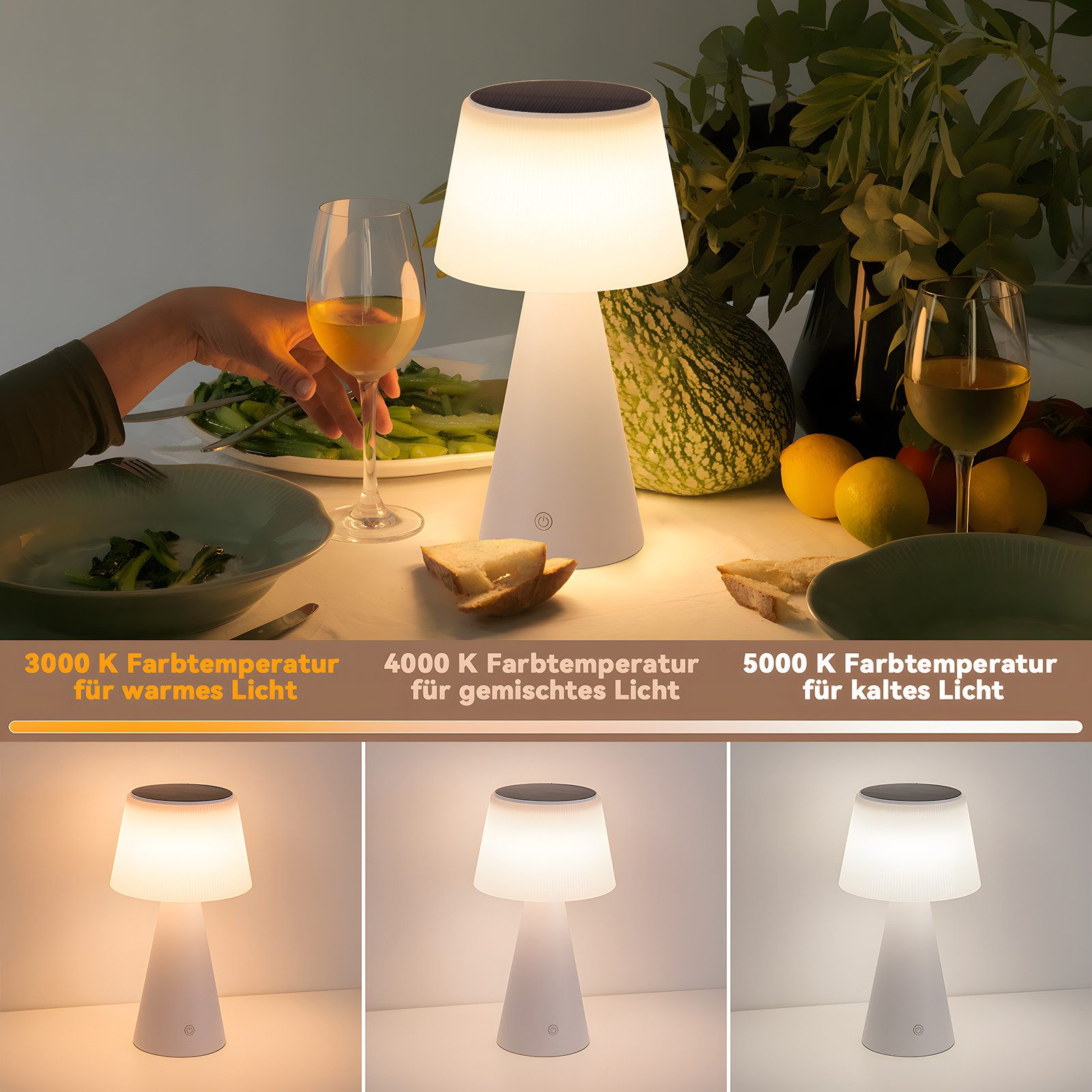 Biała lampa z stożkowym kloszem, pokazująca trzy opcje temperatury barwowej: ciepłą, mieszaną i zimną.