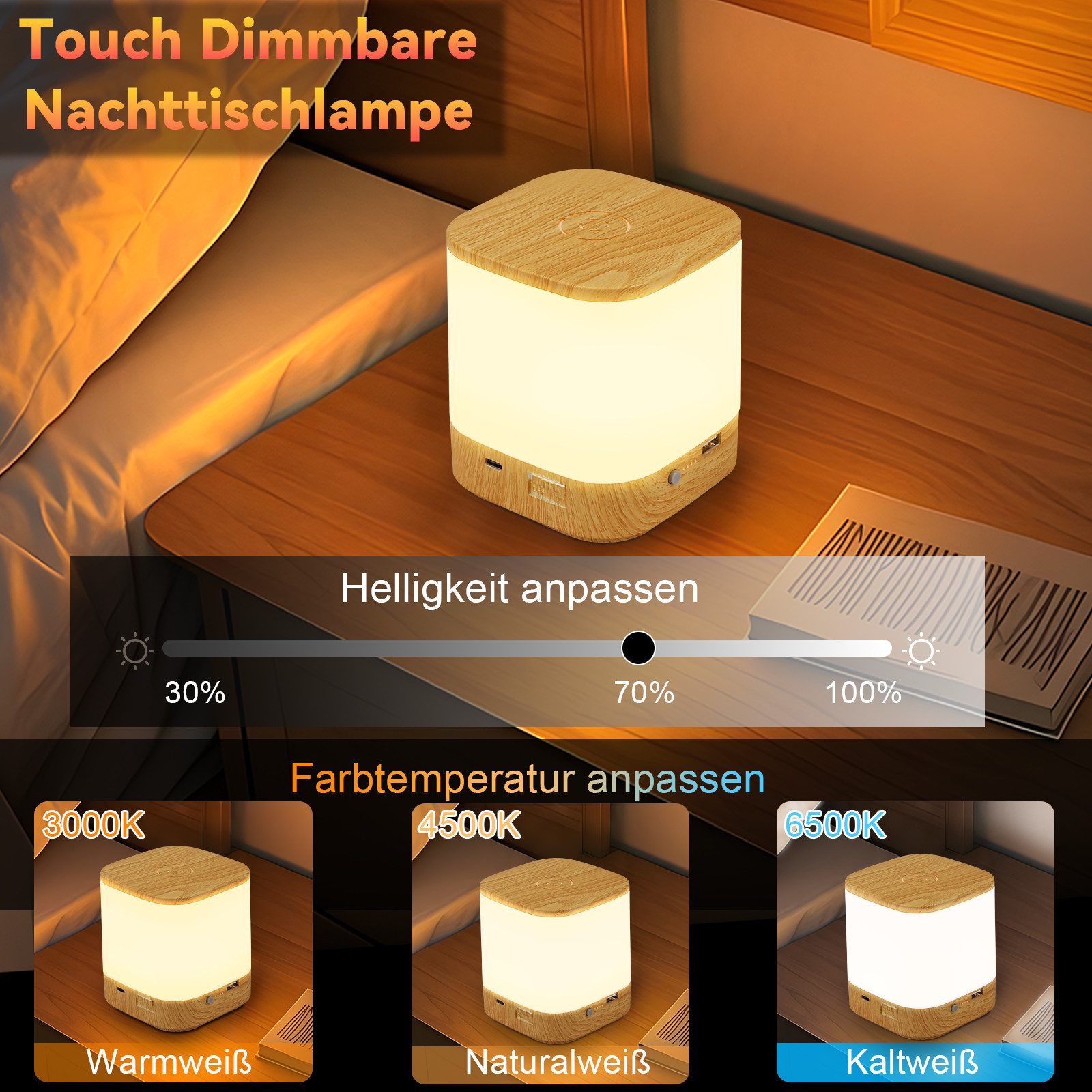Lampa o wyglądzie drewna z regulacją jasności i temperatury barwowej na stoliku nocnym.