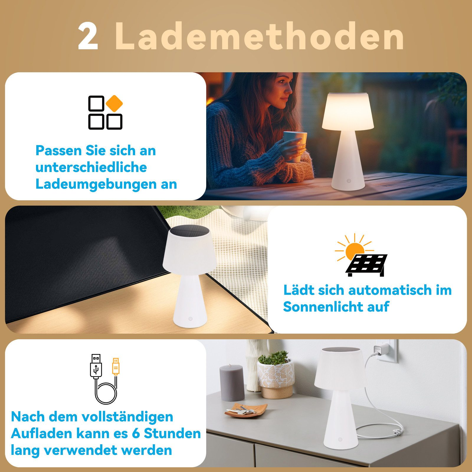 Trzy obrazy: Pokazano dwie metody ładowania i lampę. Lampa stoi na stole.