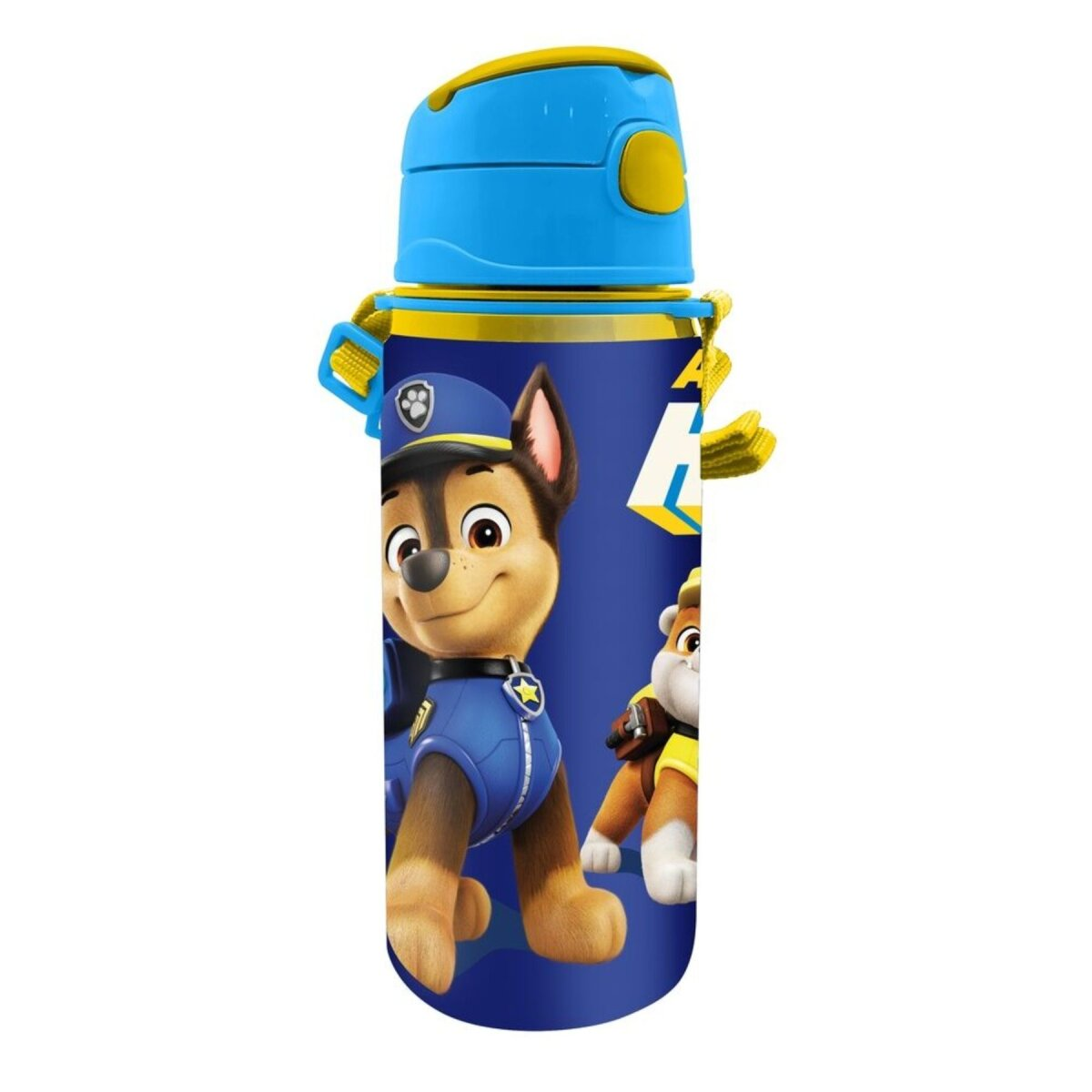 Blaue Paw Patrol Trinkflasche mit Chase-Charakter-Illustration.