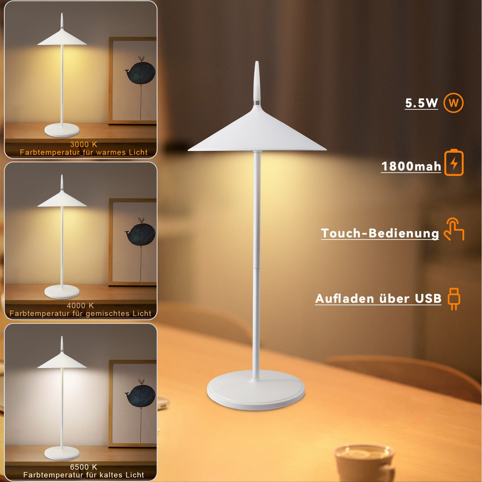 Biała lampa stołowa z okrągłym blatem, różne temperatury barw wyświetlane.