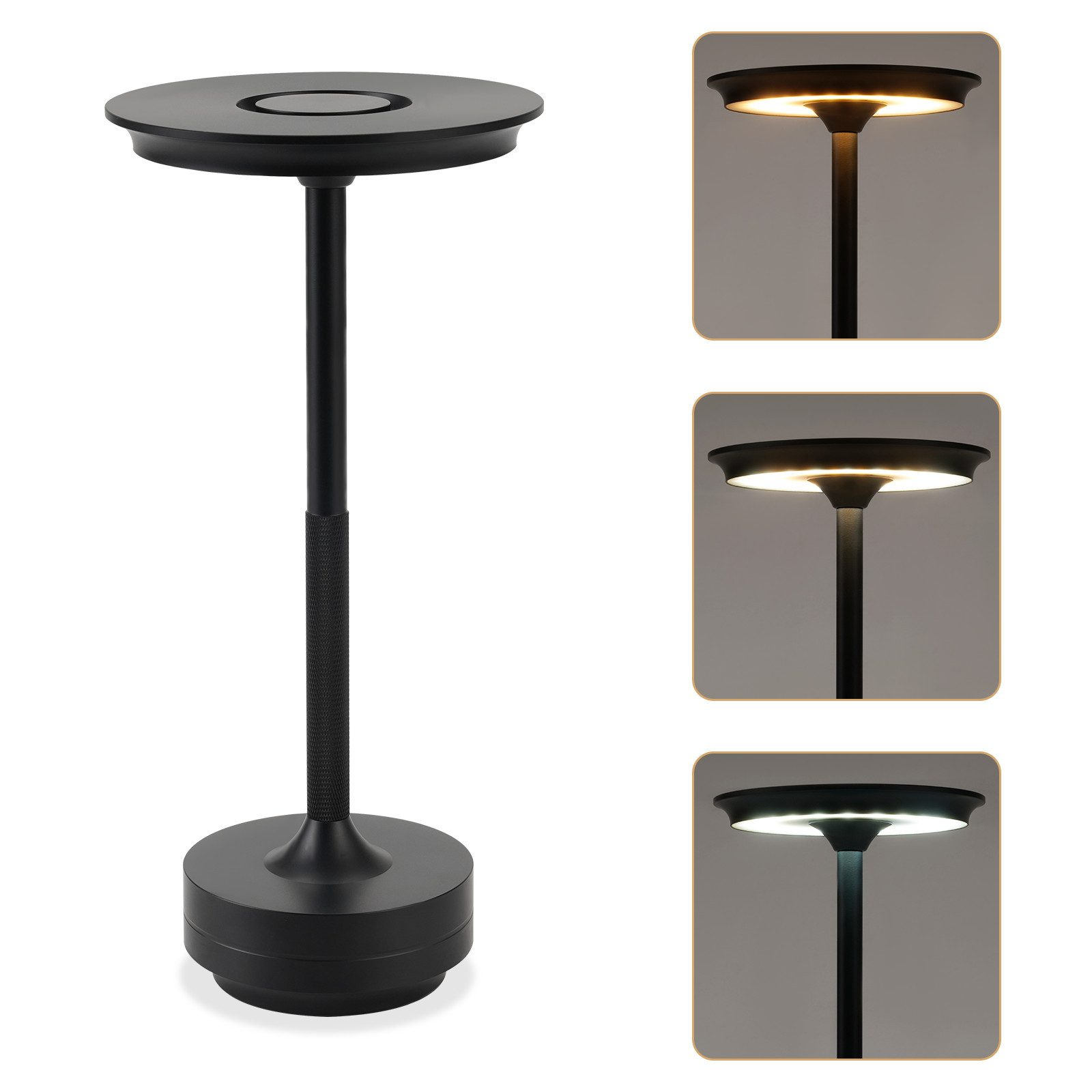 Czarna, nowoczesna lampa z trzema ustawieniami światła. Ma okrągłą podstawę i płaski wierzch.