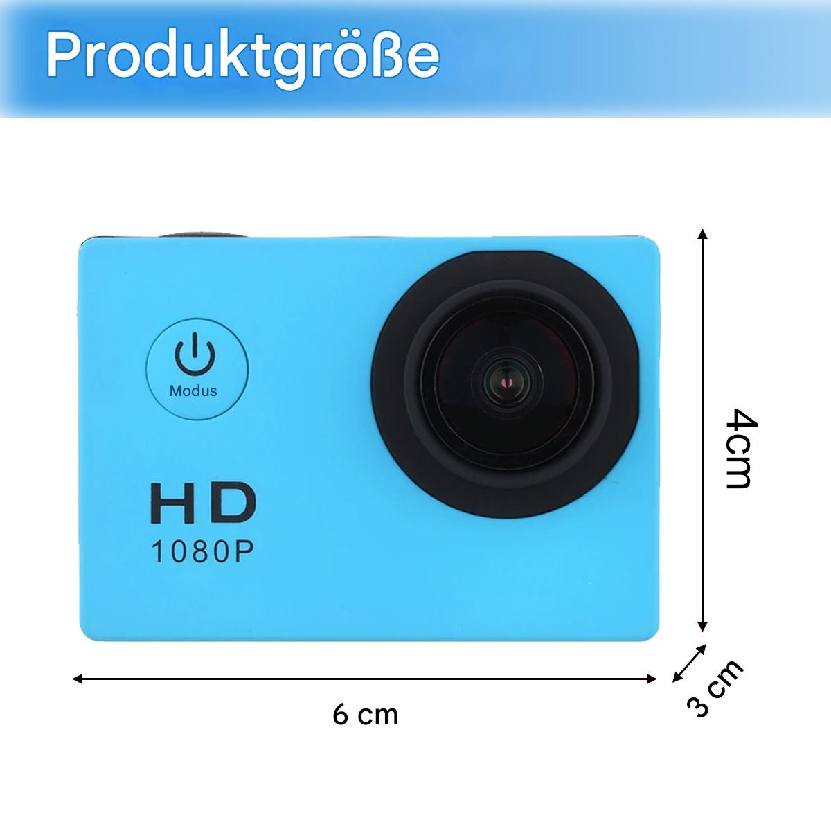 Blaue Action-Kamera mit HD 1080P Text, Abmessungen angegeben.
