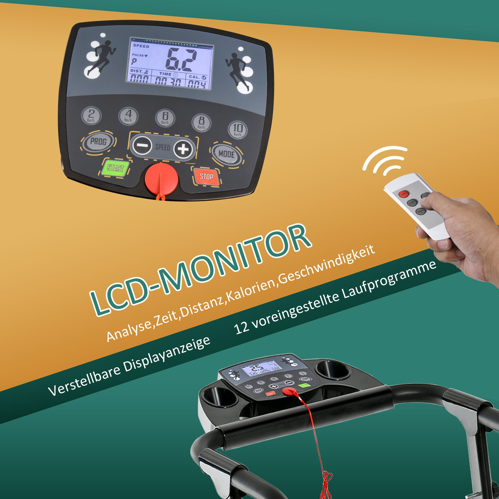 Laufband-Bedienfeld mit Display und Fernbedienung, zeigt Geschwindigkeit, Distanz und Zeit.