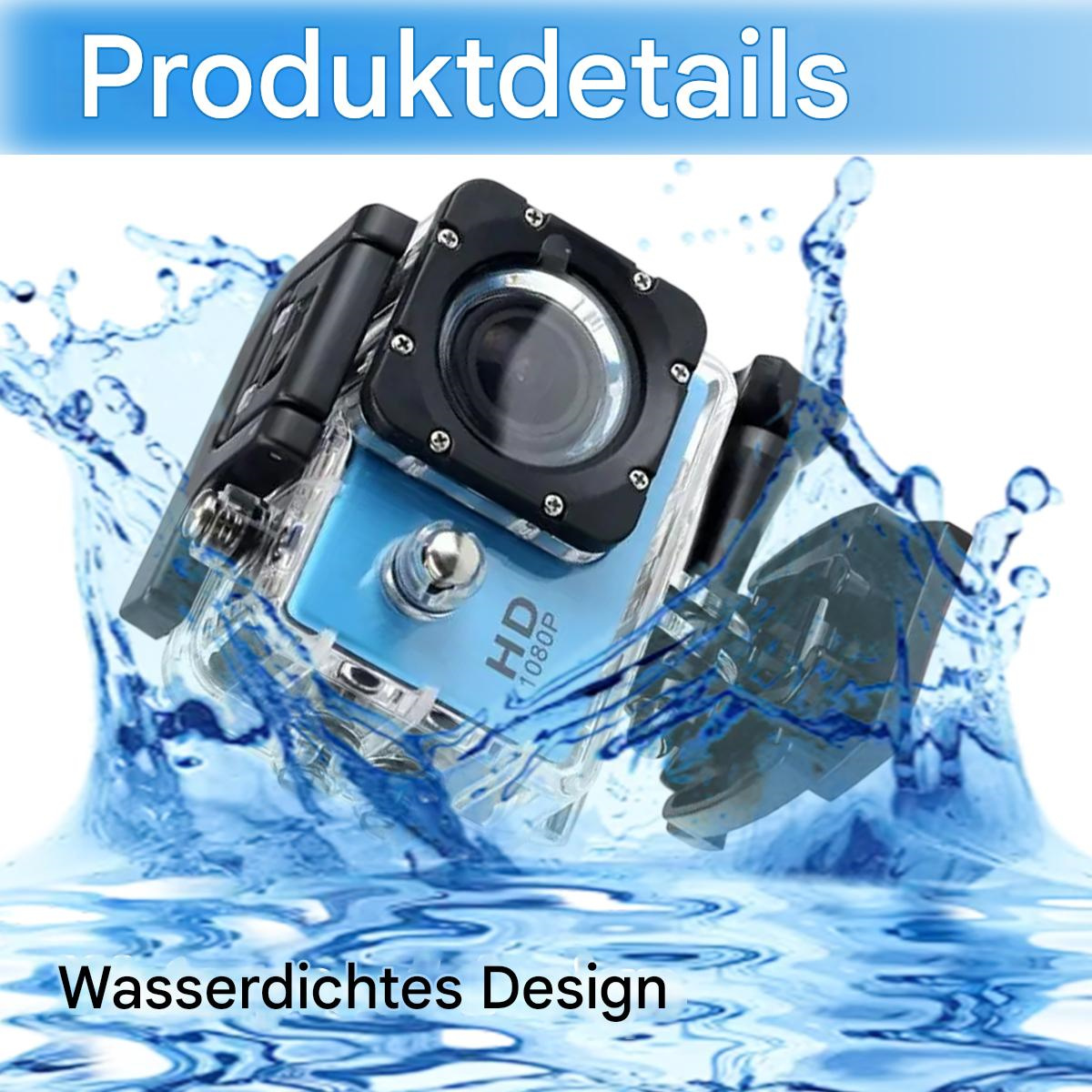 Eine wasserdichte Action-Kamera im Wasser, mit blauem Gehäuse und schwarzem Gehäuse.