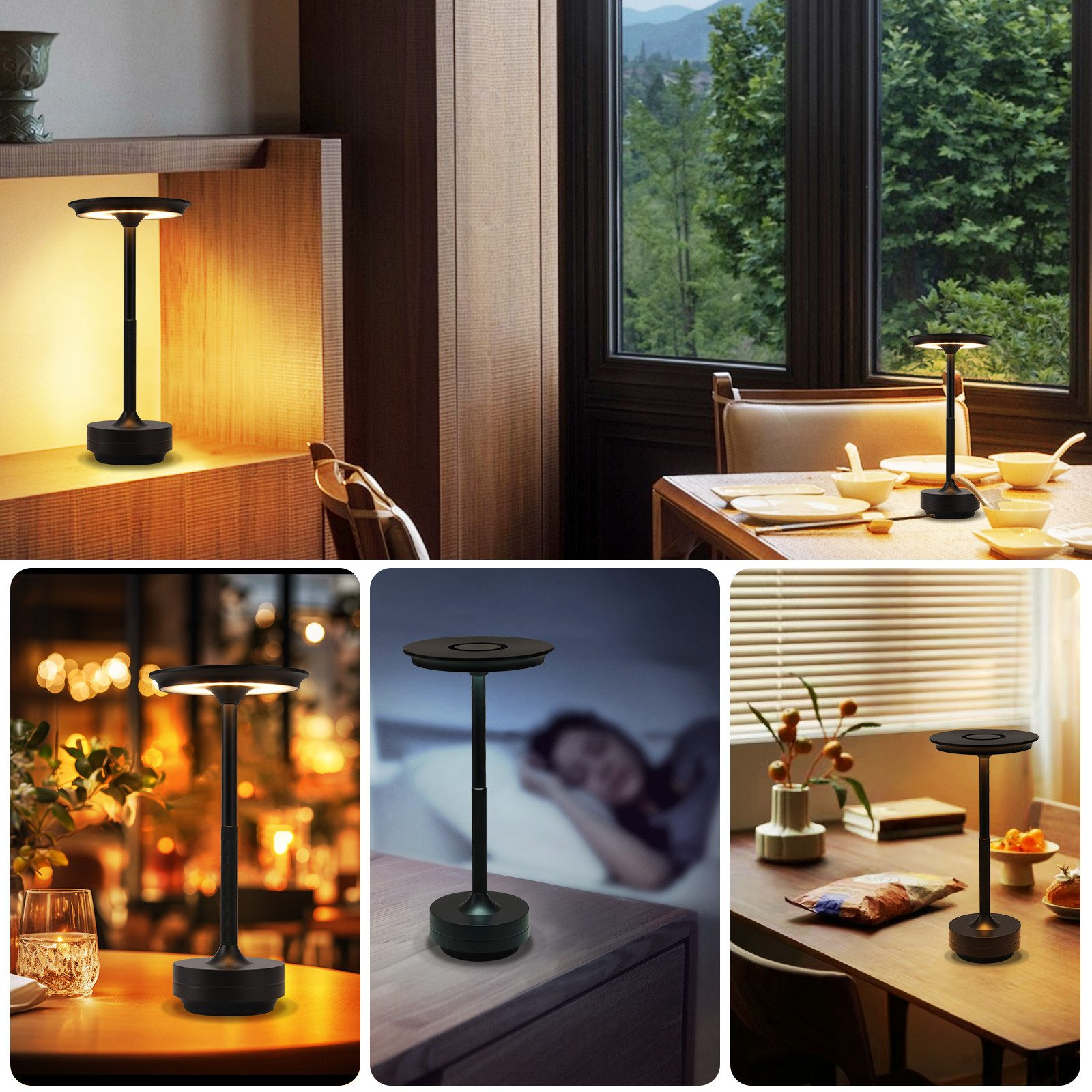 Wiele obrazów pokazujących czarną lampę w różnych ustawieniach, w tym wewnątrz i na zewnątrz.