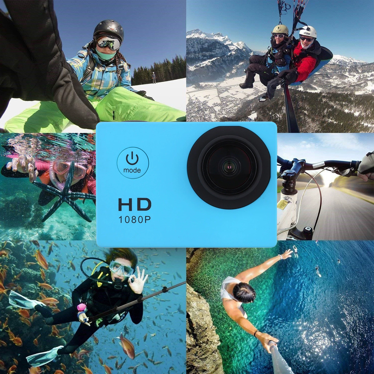 Eine blaue HD-Action-Kamera, umgeben von Bildern verschiedener Aktivitäten. Inklusive Tauchen, Schnee und Fallschirmspringen.