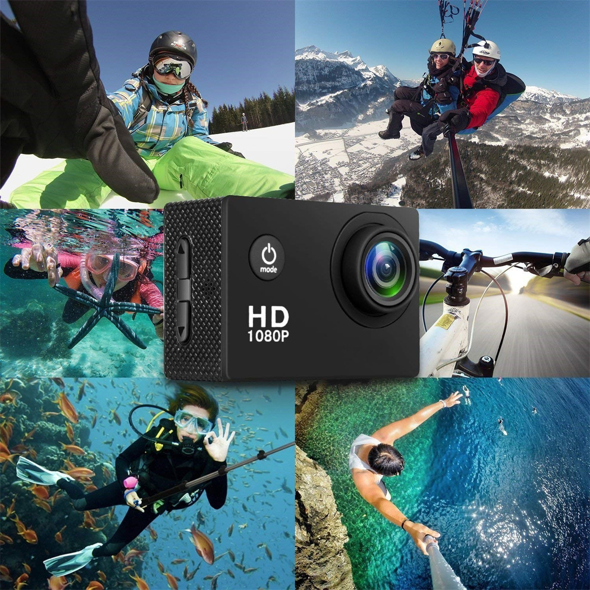 Action-Kamera mit mehreren Szenen: Skifahren, Paragliding, Tauchen, Radfahren und ein Selfie.
