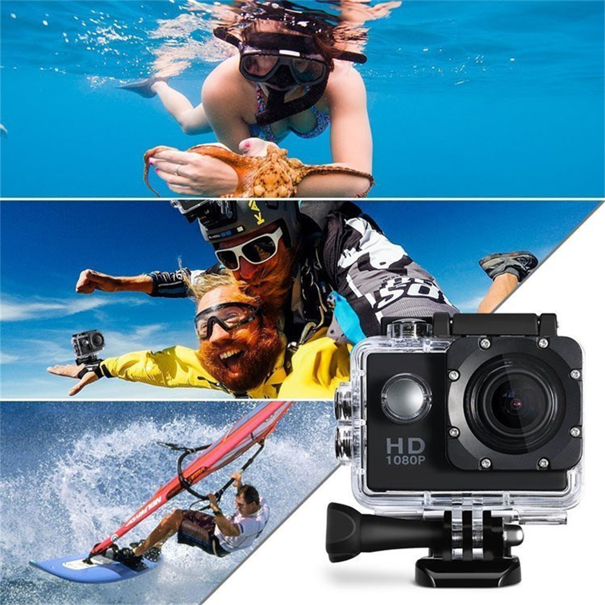 Eine Collage von Action-Aufnahmen. Taucher, Fallschirmspringer und Windsurfer mit schwarzer Action-Kamera.