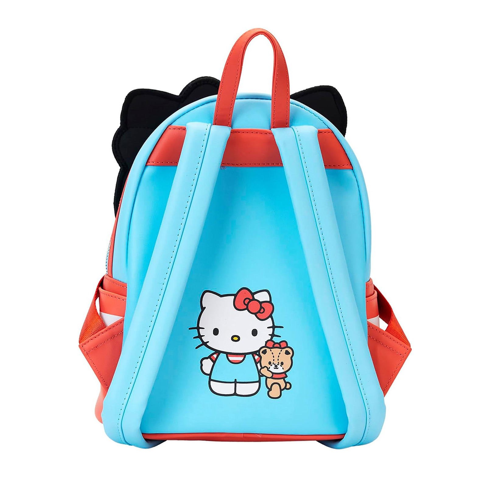 Espalda de mochila Hello Kitty azul. Muestra a Kitty y osito de peluche. Acentos rojos y naranjas.