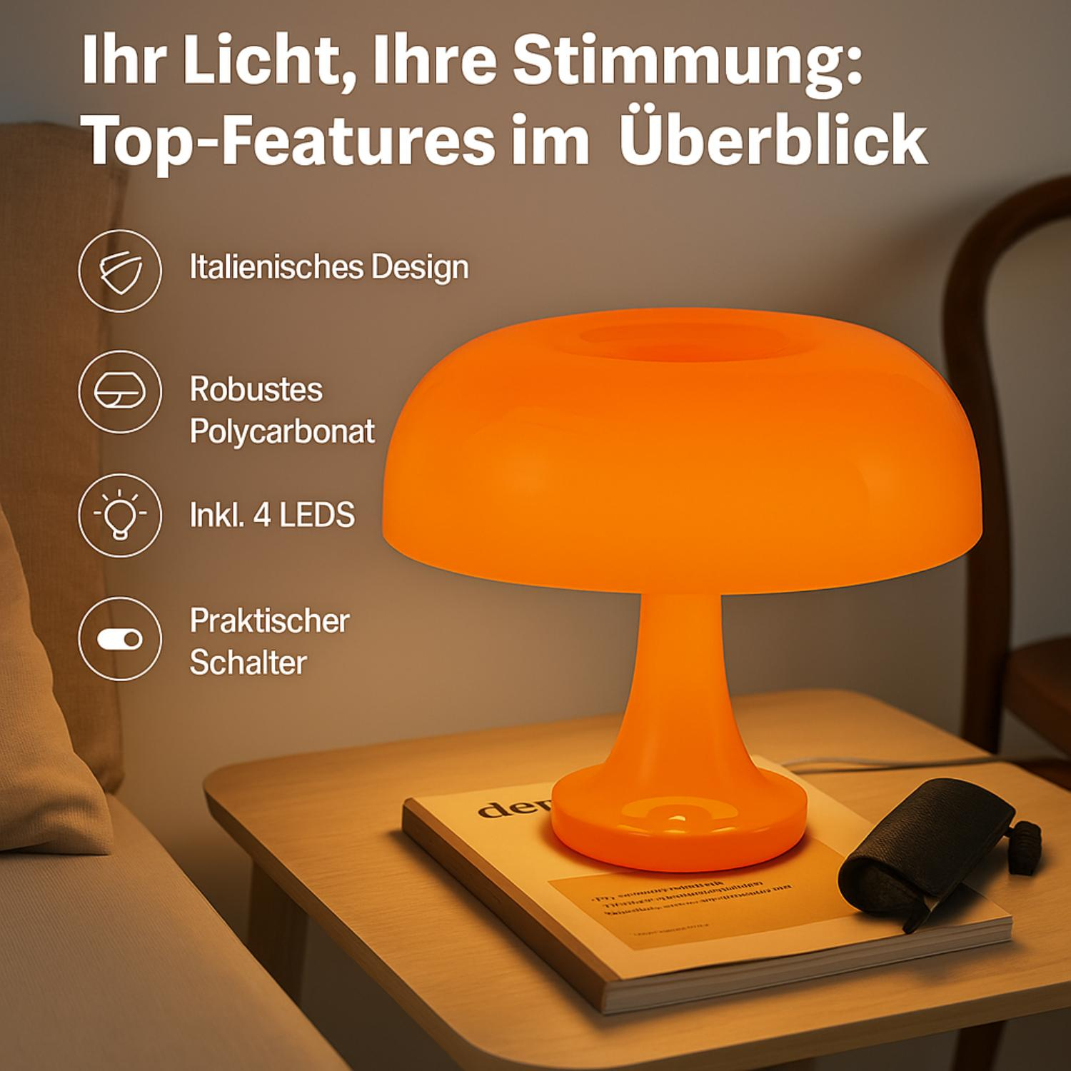 Eine orange Retro-Lampe steht auf einem Holztisch. Der Hintergrund hat Text und ein schwarzes Kabel.